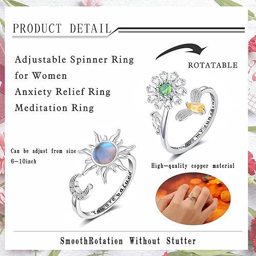 Miniatura 4 de 6 anillos para la ansiedad para mujer, anillos abiertos ajustables, anillos giratorios para calmar el estado de ánimo, anillos de mariposa con