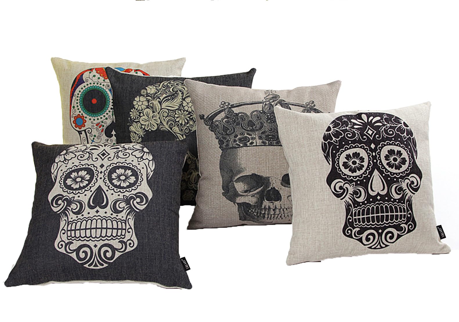 L&J ART 5 PCS 18 x 18 inch Skull Throw Pillow Case Cushion Cover Colorful Floral Mexican Day of The Dead Decor Black Sugar Skull Linen Square Pillowcase Cushion Covers Home Decorative