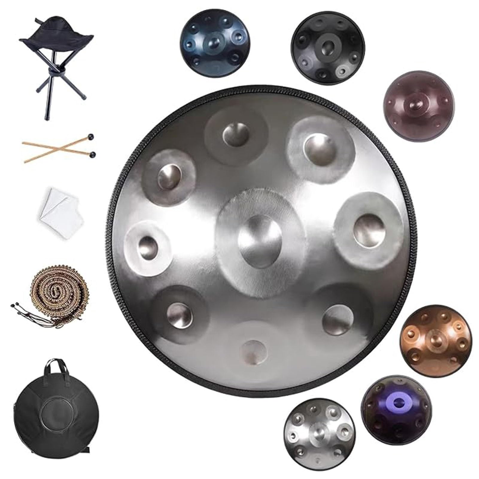 9/10/12 Notizen Handpan-Drum-Sets - 22-Zoll-Steel Tongue Drum Percussion Drum Instrument, Hand Pan-Trommeln In D-Moll Mit Tragetasche Für Klangheilung, Persönliche Meditation(Silver,432HZ/12Note)