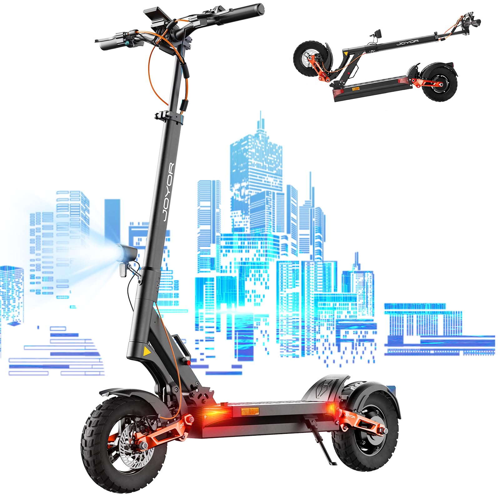 JOYOR Monopattino Elettrico, 60-90KM 48/60V 18Ah, Carico 150kg, Doppio Ammortizzatore e Freni a Disco Anteriori e Posteriori, Monopattino Elettrico per Adulti Pieghevole