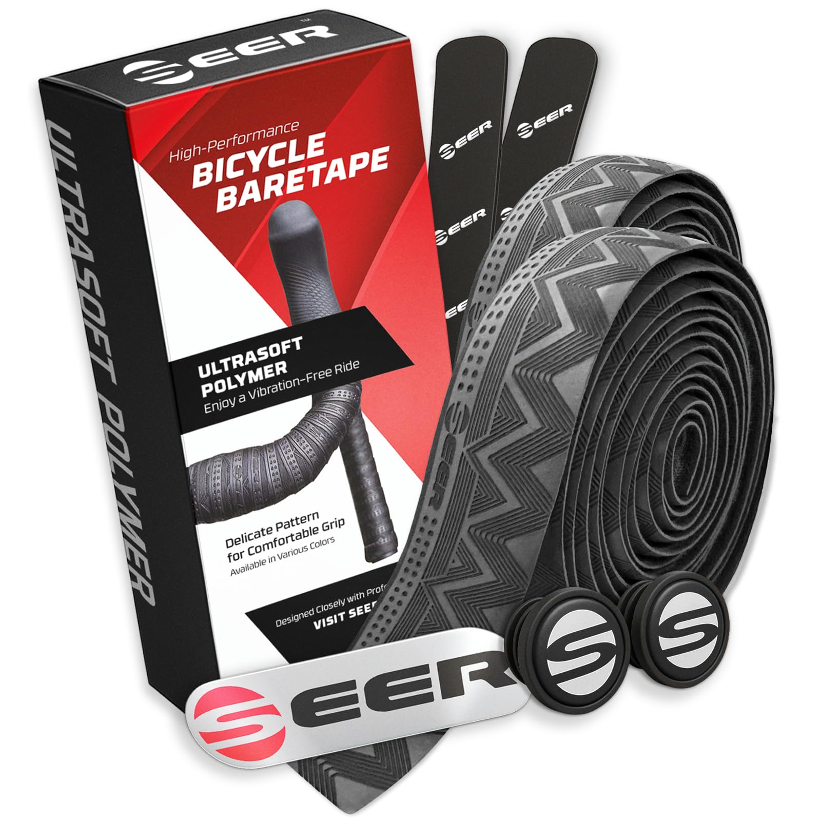 SEER Bike Bar Tape – New Ultra-Soft Polymer Handlebar Tape for Road & Gravel Bikes, Comfortable Anti-Vibration Cycling Tape, Complete Kit with 2 Rolls, End Plugs & Finish Strips (Black)