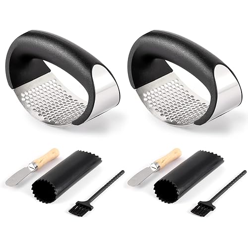 2 Pack Garlic Press Rocker, Stainless Steel Garlic Mincer with 2 Peelers, 2 Scrapers and 2 Brushes | Garlic Crusher Garlic Chopper for Smashing Garlic