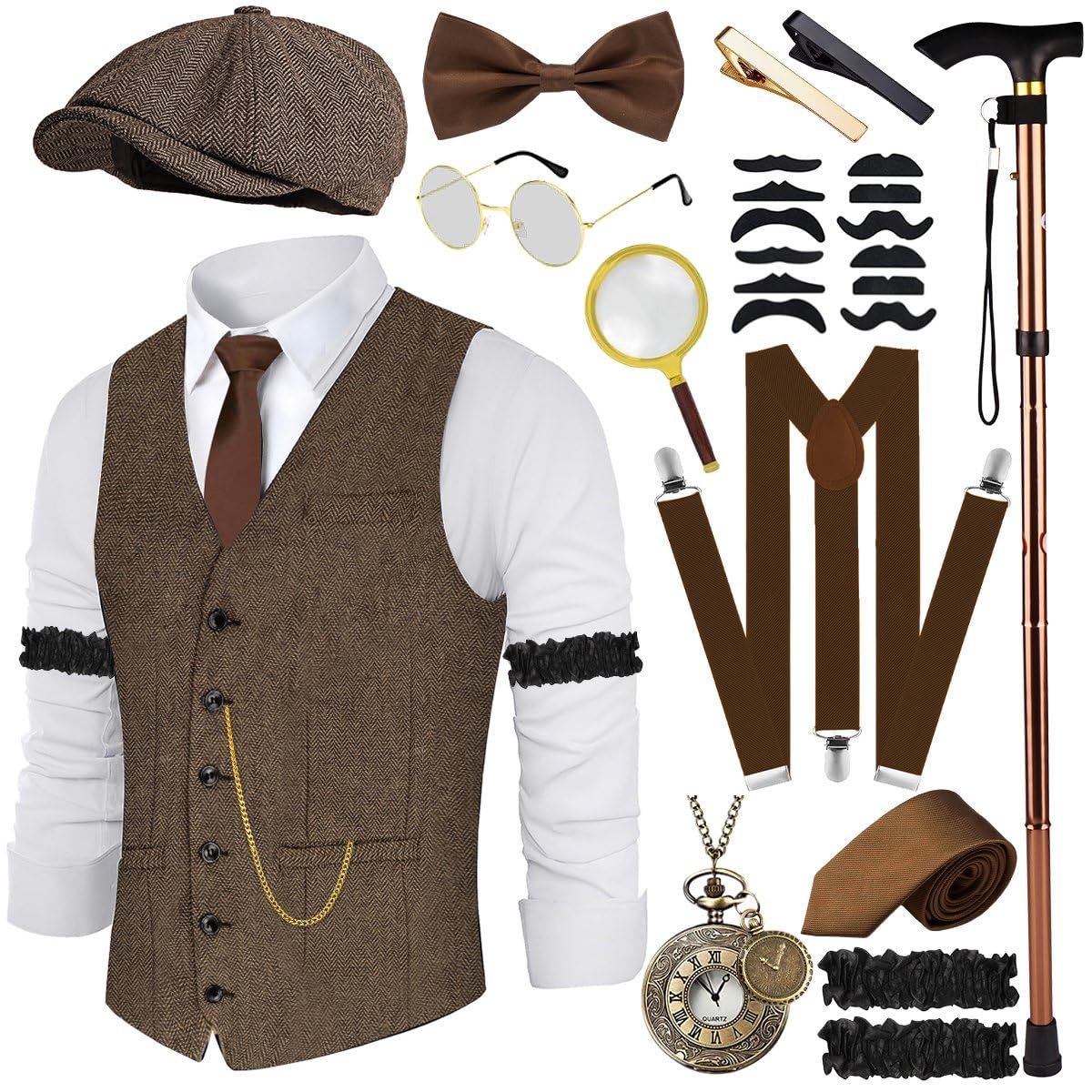 Disfraz de los años 20 para hombre, chaleco con accesorios, lupa, muleta, reloj de bolsillo, barba, boina, gafas, alfiler de corbata para disfraz de mafia, disfraz de 1920S, gángster, Peaky Blinders