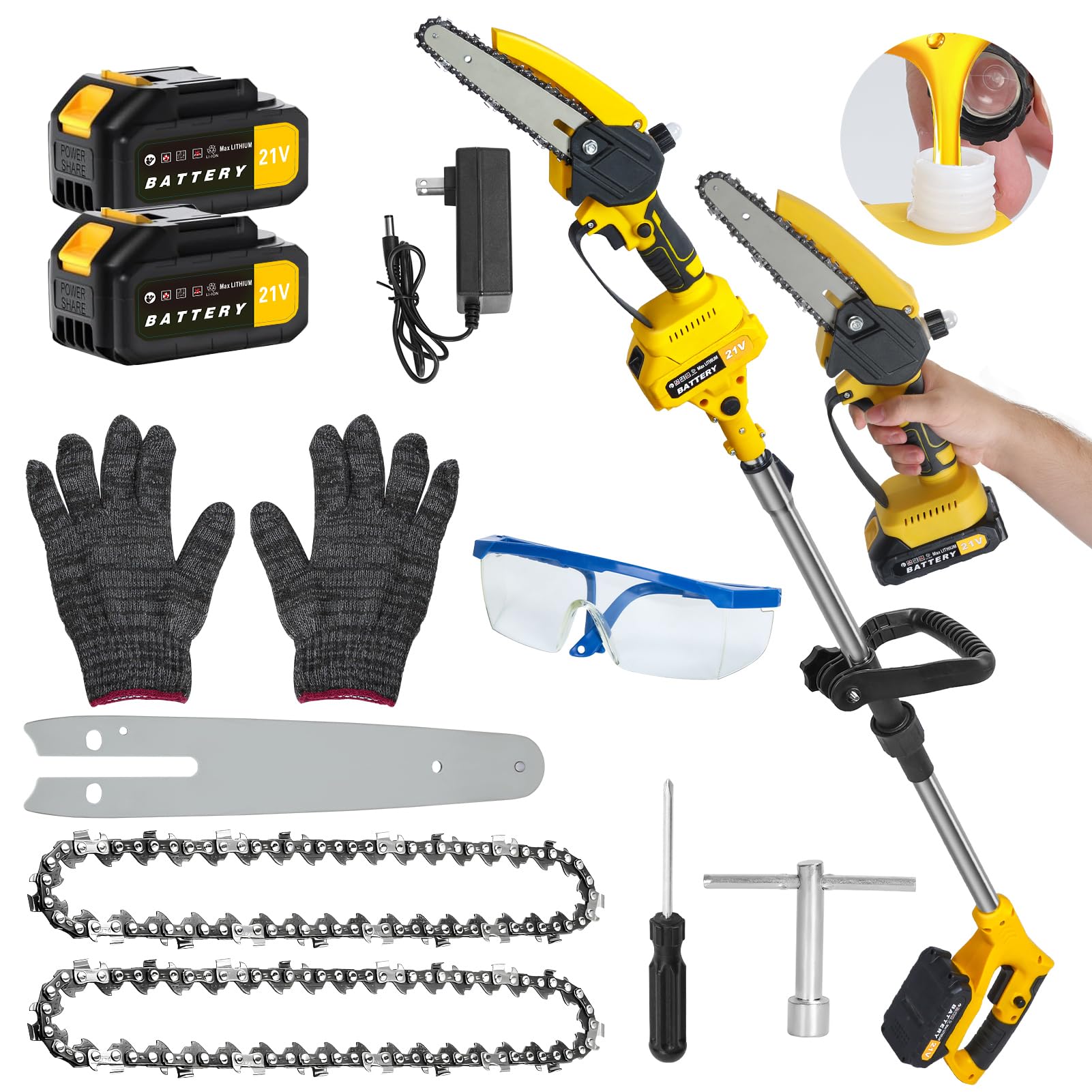 2 in 1 Mini Tronçonneuse et Élagueur sur Perche sans Fil, Tronçonneuse Télescopique 21V, Perche Télescopique 0.9-5.9 FT, Tête Inclinable 120° pour Taille Haute (Jaune)