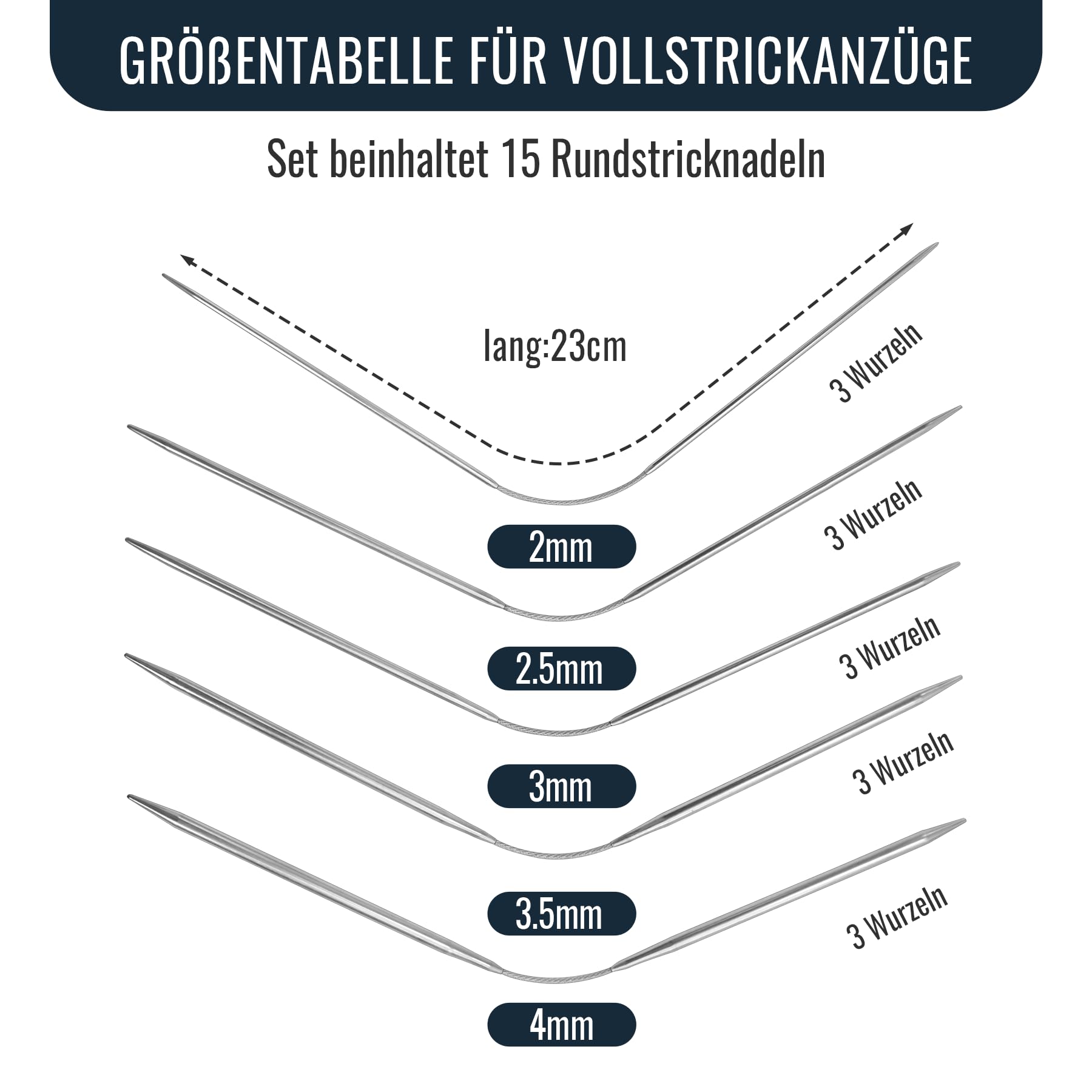 15 Stück Rundstricknadeln Für Socken (2mm-4mm) – Edelstahl, 23 Cm Lang, Perfekt Für Socken, Mützen & Handschuhe