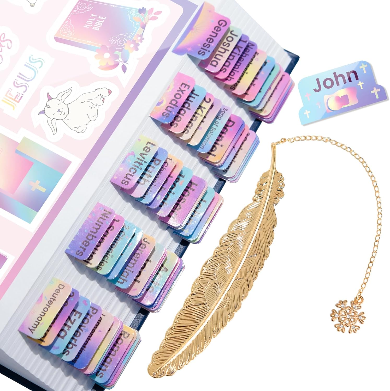 Bible Tabs with Gold Feahtehr Bookmark, Laminated Bible Tabs for Women Men, Christian Gifts, Large Print Bible Tabs for Easy Navigation, Bible Book Index Tabs Labels, Bible Study Supplies, RB4