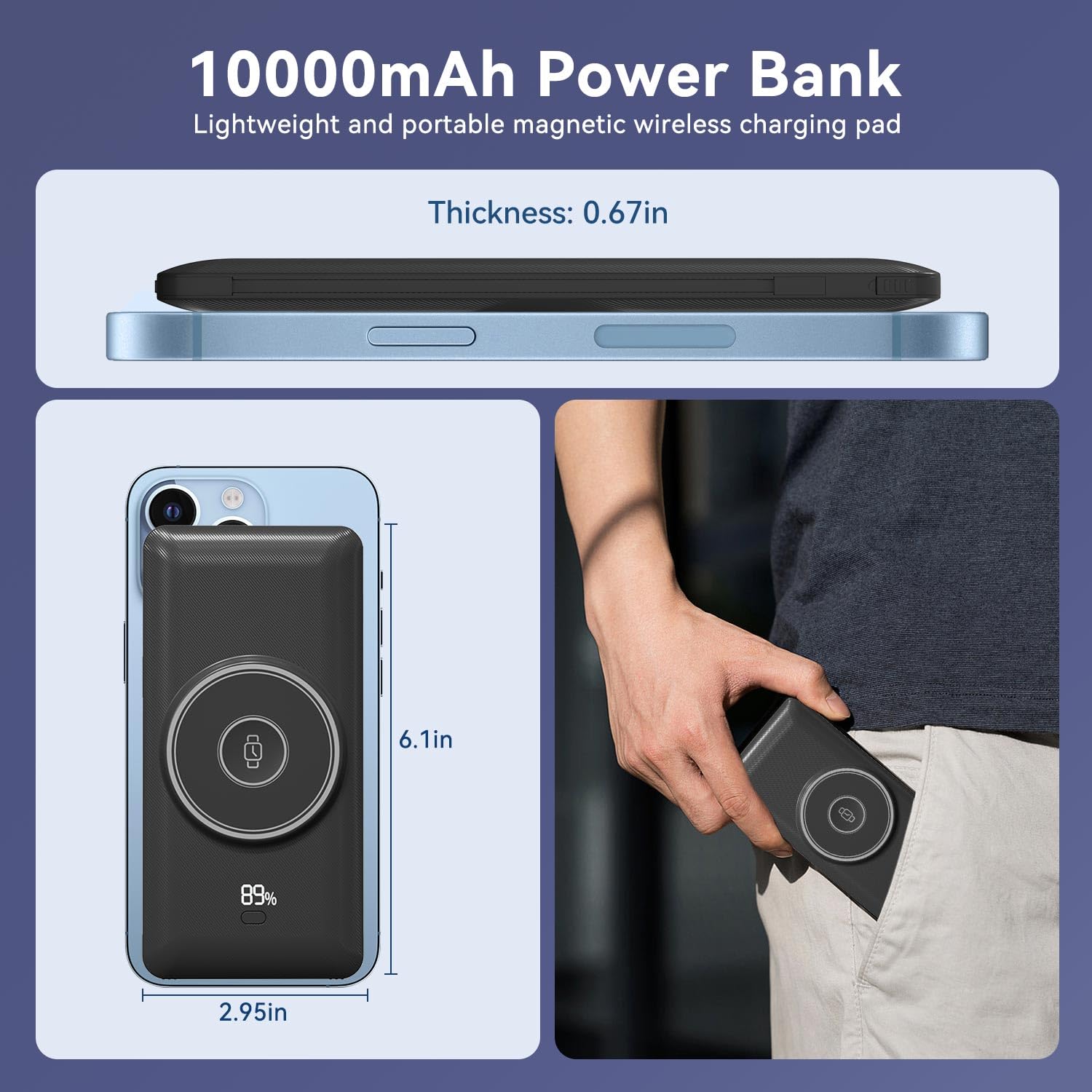 Caricabatterie portatile magnetico da 10000 mAh per iWatch e iPhone, PD ricarica rapida wireless Power Bank cavi integrati e spina a muro, batteria esterna da viaggio compatibile con