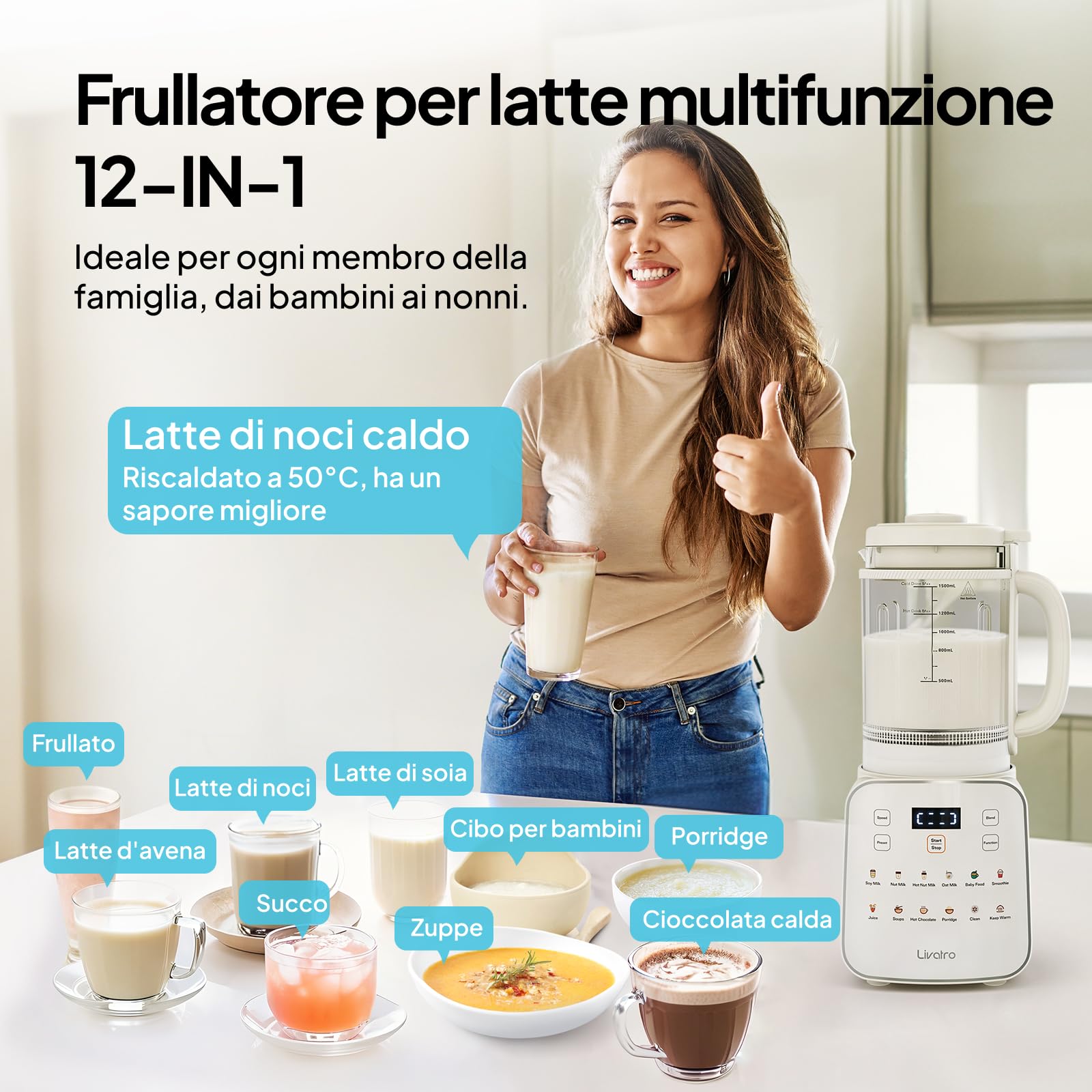 Macchina per latte vegetale 1,5 L 12‑in‑1,maker latte di soia automatico,design staccabile,latte di mandorla/avena e succhi, timer 24 h,mantenimento caldo,auto‑pulizia,blocco sicurezza