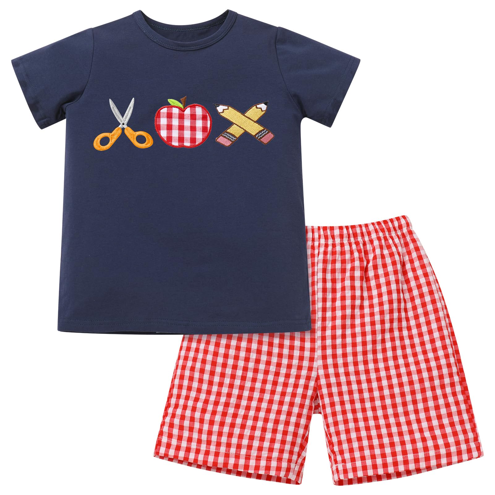 OBEEII Back to School Outfit Toddler Boy Short Sleeve Graphic Shirt Gingham Shorts First Day of School Summer Clothing Set