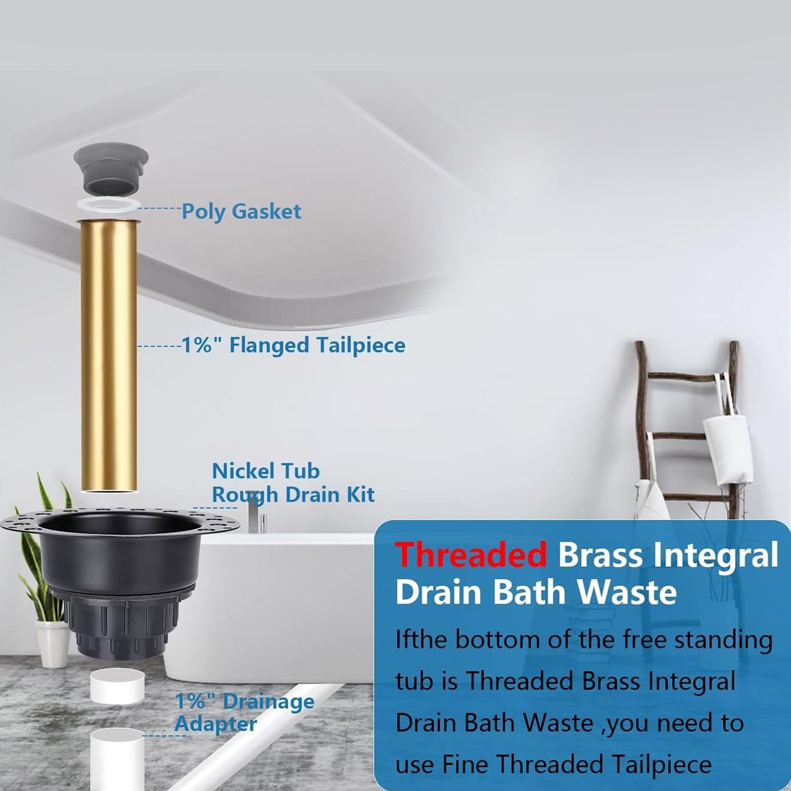 Badewannenabfluss Rohset, einfache Installation, Abflusssysteme, Badset, geeignet für freistehende Badewanneninstallationen, freistehende Badewanne