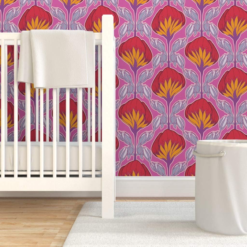 Peel & Stick Wallpaper 12ft x 2ft - Flowers Pop Pink Floral Hot Retro Yellow Purple Custom Removable Wallpaper by Spoonflower