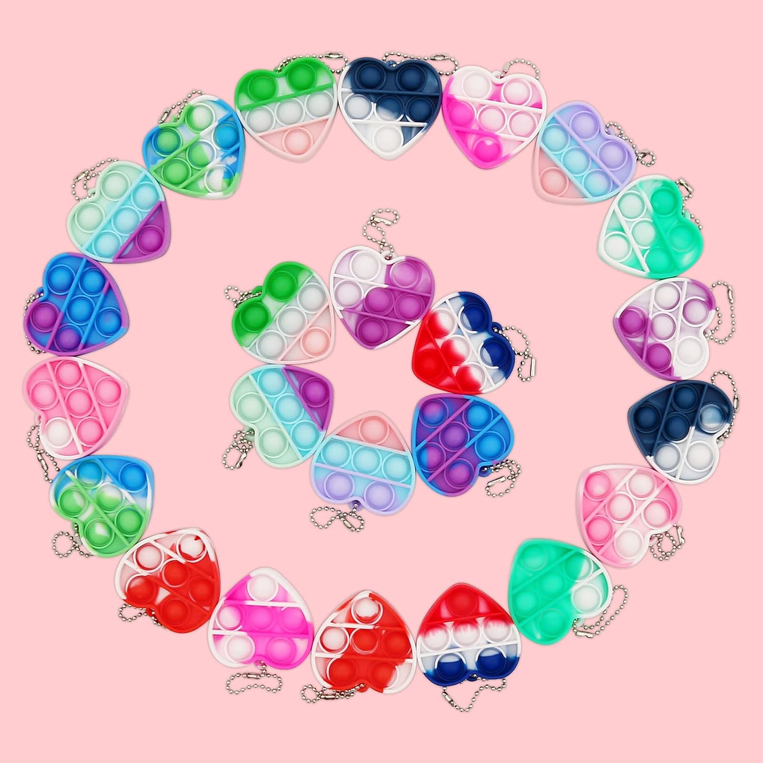 Lasmex 24 pcs Mini Heart Fidget Toys Pop Bulk Valentine's Day Gift for Kids Party Favors Heart Shaped Mini Keychain with Gift Cards for Greeting Thanks Decoration Class Rewards Prizes Gifts for Kids