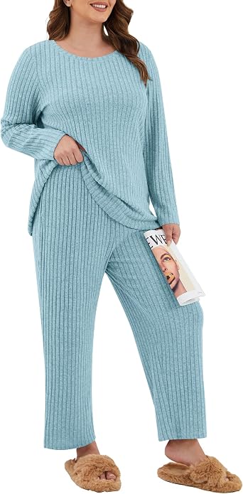 TIANZHU Plus Size Pajamas for Women UK Ribbed Nightwear Set Long Sleeve Top Wide Leg Pants with Pockets XL-4XL