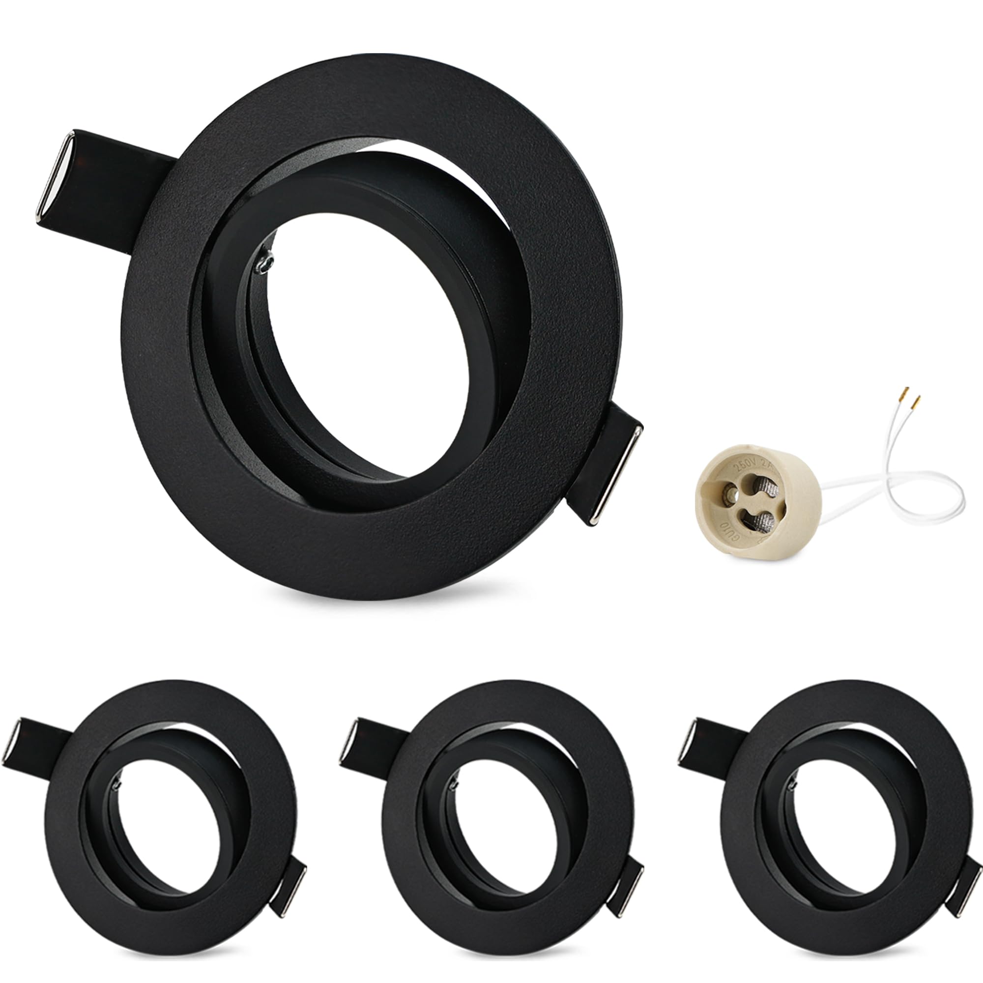 GeyouLux 4 x GU10 Adjustable Recessed Spotlights Aluminium Black, Spotlights Mounting Frame with GU10 Socket, Round Recessed Ceiling Spotlight Bracket for LED or Halogens, Mounting Hole Diameter 75