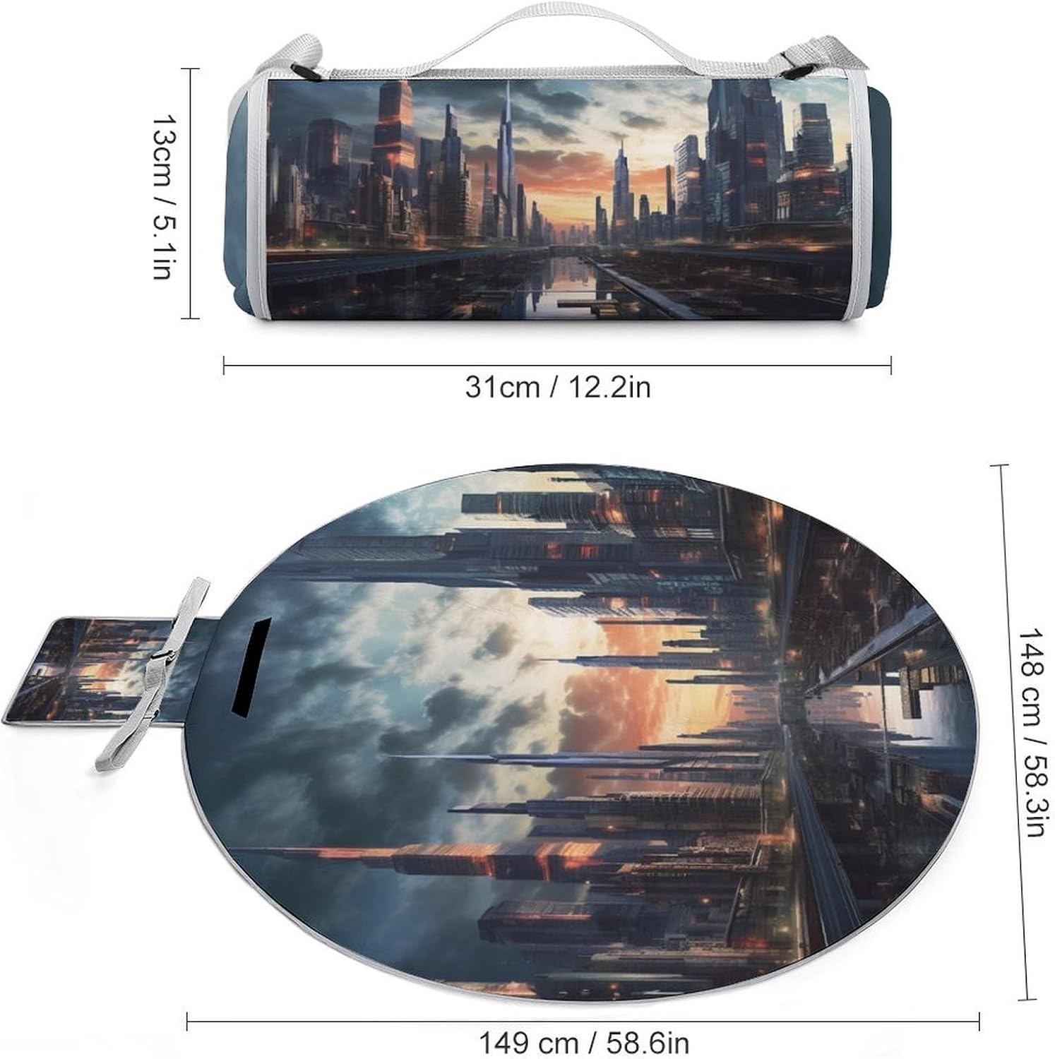 City Scape Round Outdoor Picnic Mat Foldable Waterproof Beach Camping Blanket Outdoor Rug with Sponge Padding