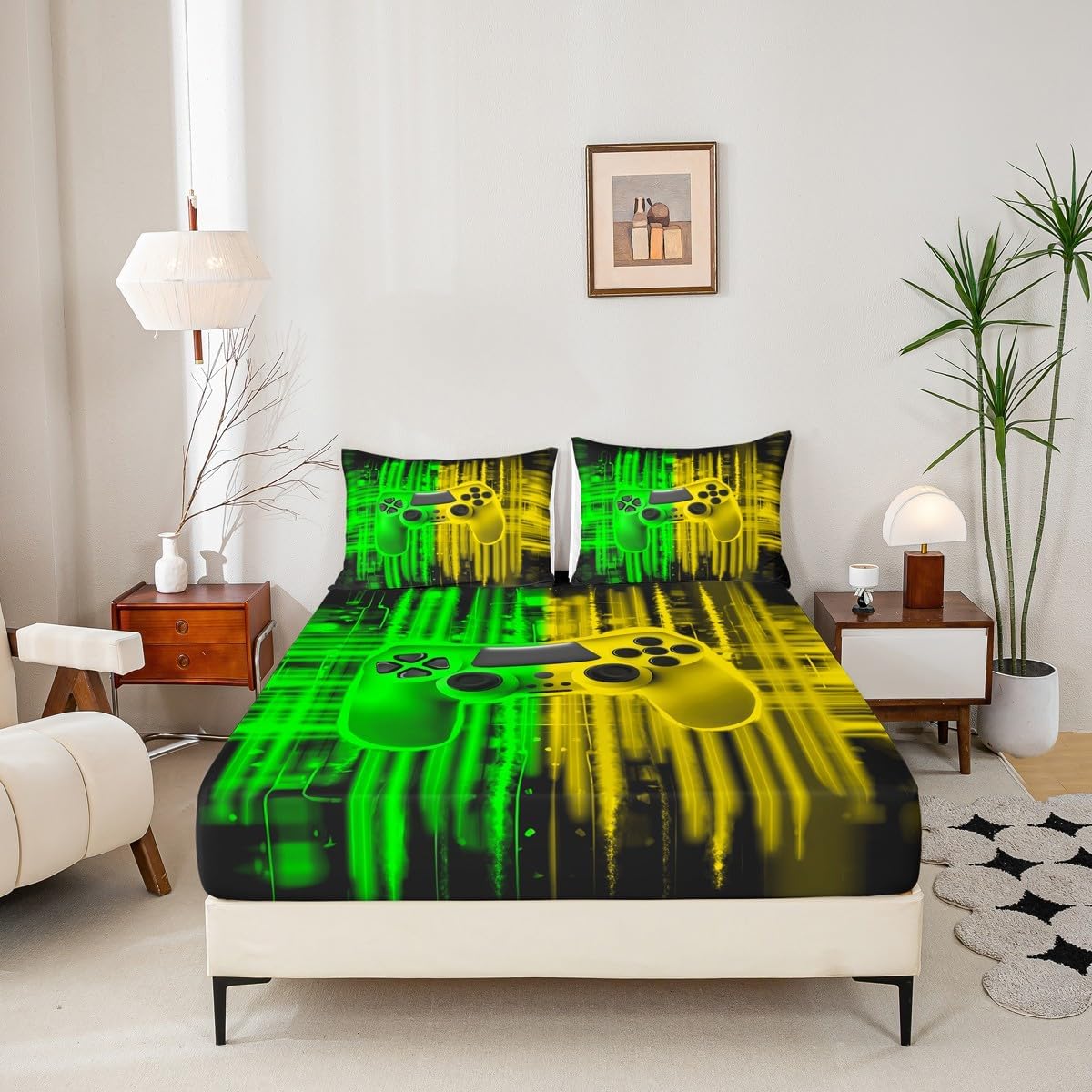 Erosebridal Game Fitted Sheet for Boys' Rooms - Gamer Bed Sheets Full Size for Kids Teens,Mens Gaming Sheets for Toddler Child Game Room Decor with Deep Pocket,Yellow Green