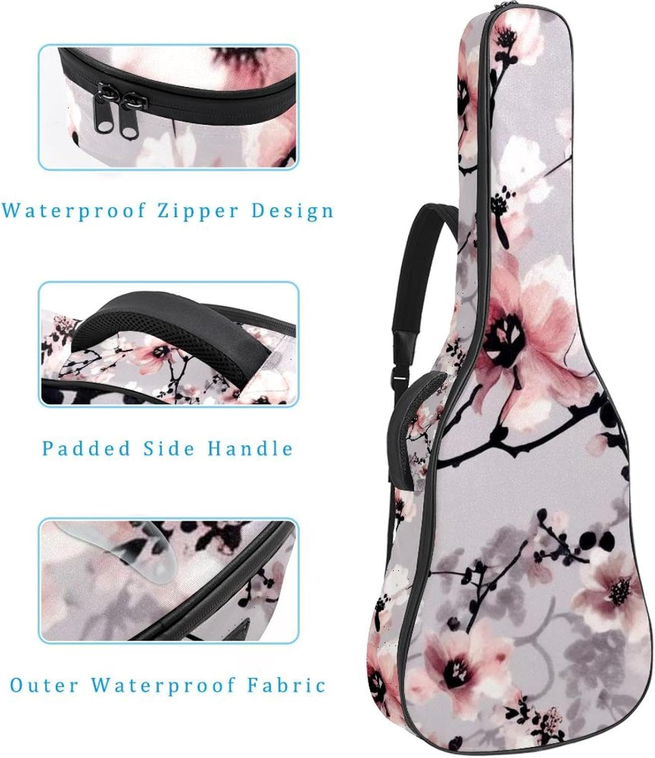 40/41/42-inch Pink Cherry Blossoms Acoustic Guitar Bag With Adjustable Shoulder Strap And 2 Storage Bags. Guitar Bag With Back Hanging Loop, Electric, and Classical Guitars