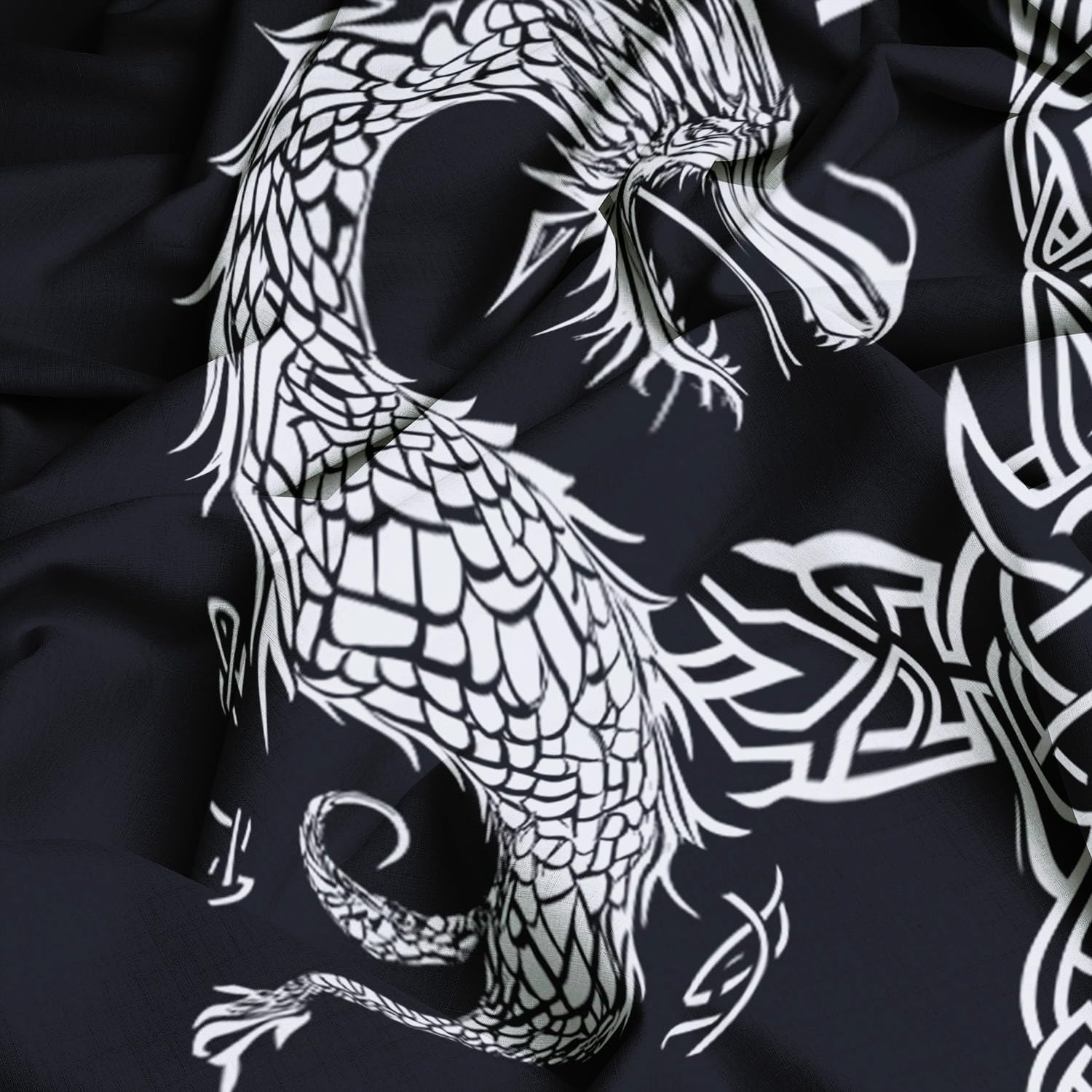 Zasłony Zaciemniające Rune Wikingów Fantasy Smok 117 L x 229 cm (2 panele) Biały Czarny, Izolowana Termoizolacyjna Miękka Zasłona Z Oczkami, Poliestrowe Zasłony Zaciemniające Drukowane Do Salonu