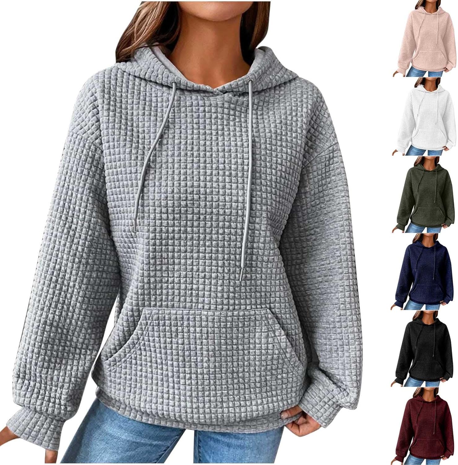 Oversized Sweatshirt For Women Long Sleeve Waffle Hoodies Casual Drawstraing Comfy Fashion Pullover Tops