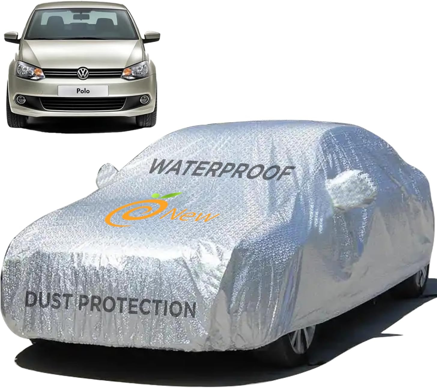 EnewEnew Textured Waterproof with Triple Stitching Car Cover for Volkswagen Polo - Ultimate Body & Mirror Protection, UV Resistant, Dustproof, without Antenna Pockets (Silver Look)