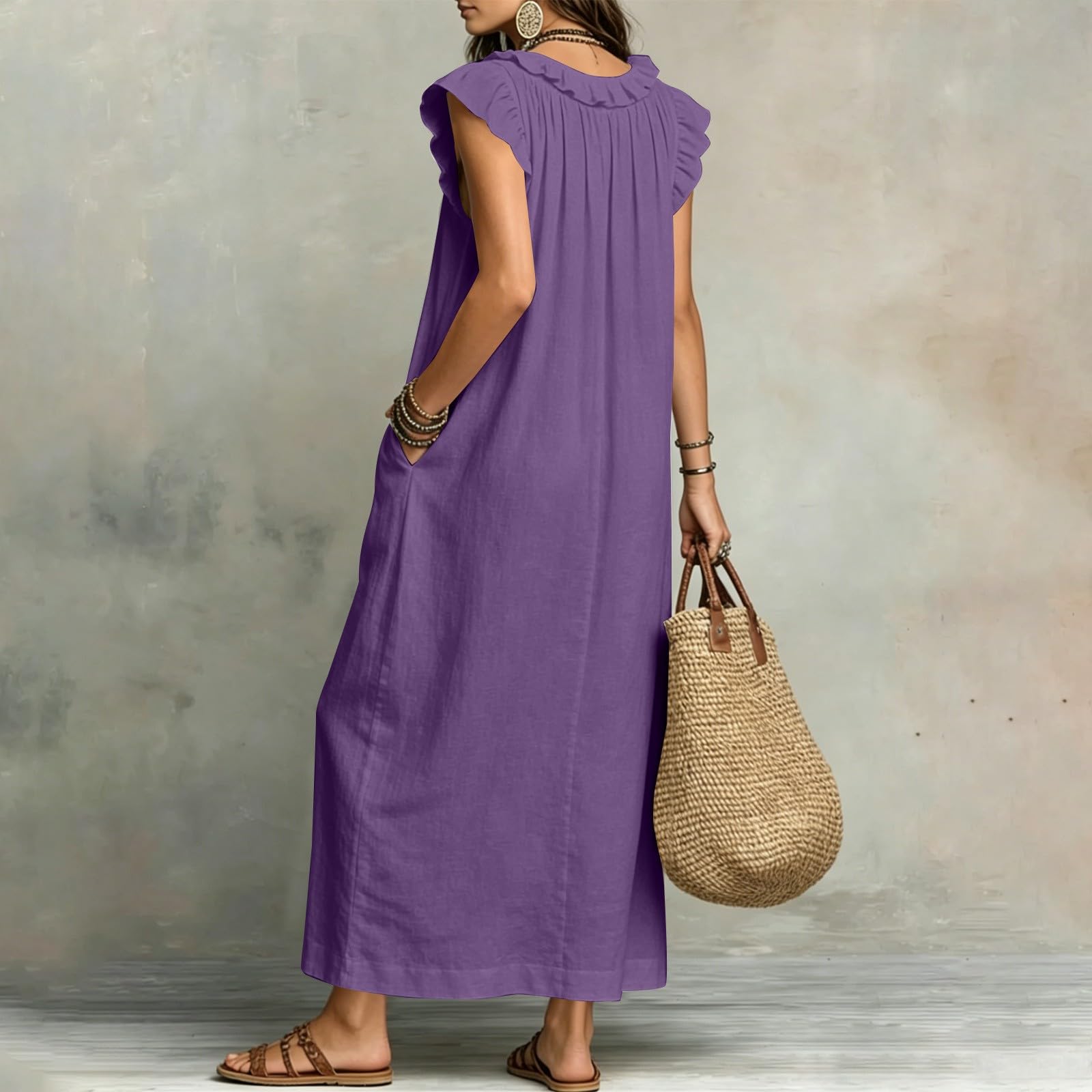 Robe sans manches – Robe longue d'été pour femme, col en V, couleur unie, plissée, épaules à volants, robe fraîche et respirante, robe décontractée, style bohème pour les vacances