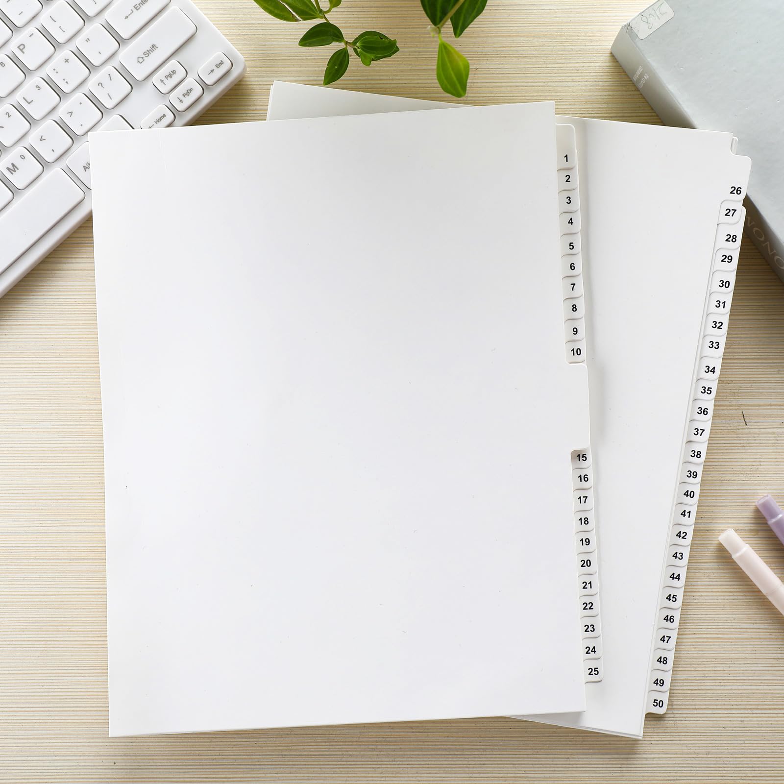 Yeaqee 1 lot d'intercalaires numérotés de 1 à 50 non perforés de 21,6 x 27,9 cm en papier blanc avec onglets numérotés pour documents de bureau, fichiers format lettre