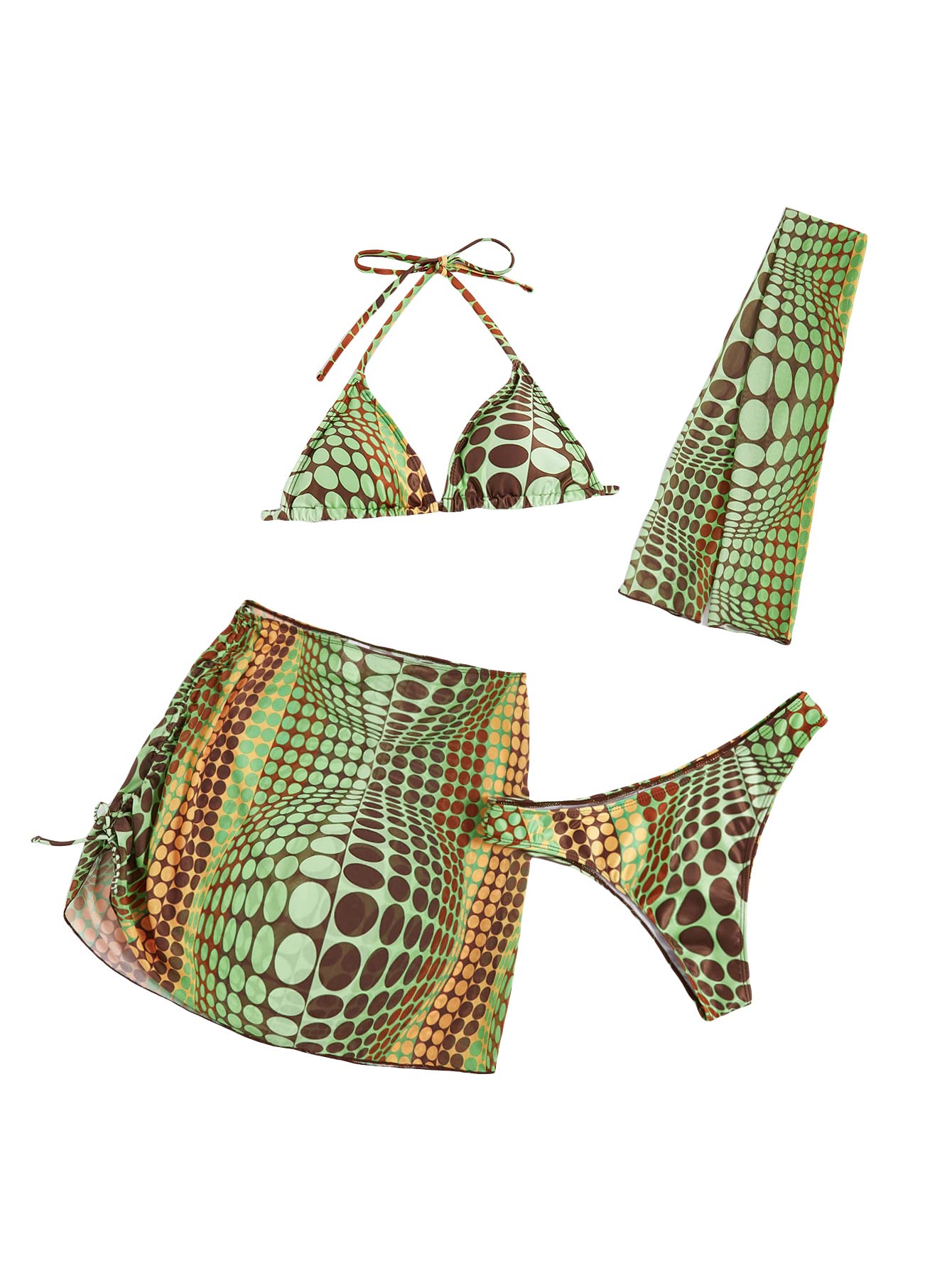 Maillot de bain 4 pièces bikini triangle dos nu vert avec jupe
