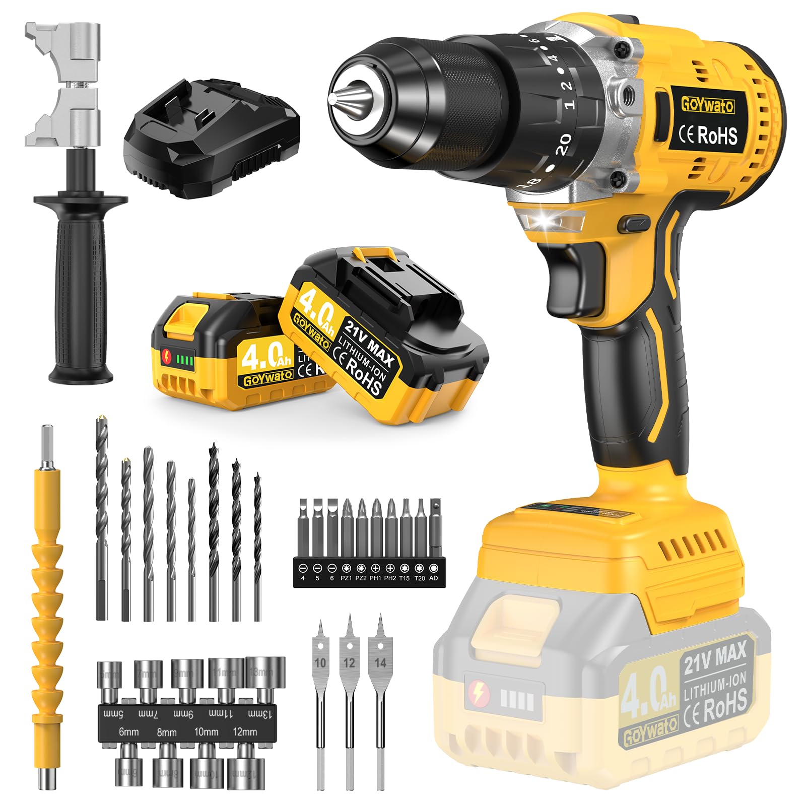 21V Trapano Avvitatore Batteria, 100Nm Trapano a Percussione | Brushless Avvitatore a Batteria, 2 Batterie 4,0Ah, 20+3 Coppia, 13mm Mandrino, 2 Velocità, 36 PZ Accessori, Casa Riparazione