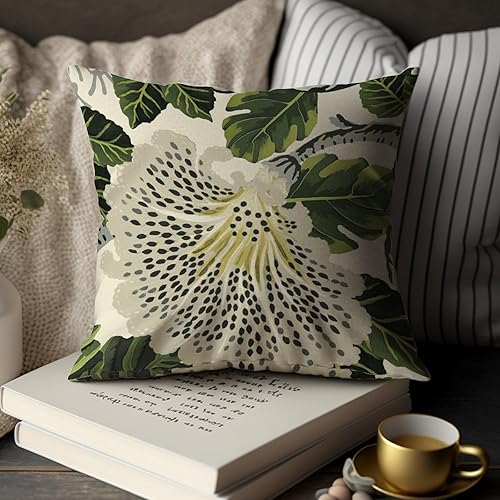 Miniatura 7 de Juego de 2 fundas de almohada con diseño de flores blancas y verdes, color gris, negro, floral, verde, hojas, chinoiserie japonesa, para sala de