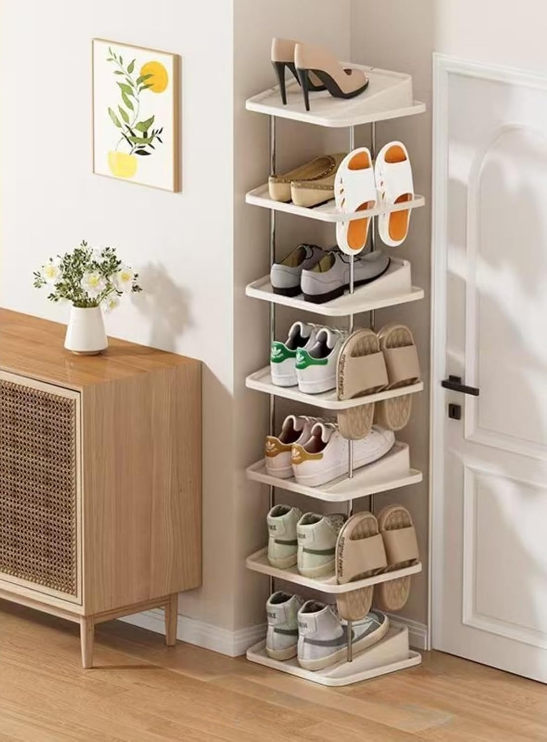 Vertical Shoe Rack,7 Tiers Stackable Shoe Rack for 14 Pairs,Narrow Shoe Tower,Space Saving,for Entryway,Living Room,Bedroom,Closet,DIY Free Standing Shoe Organizer(Khaki,7 Tiers)