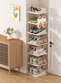 Vertical Shoe Rack,7 Tiers Stackable Shoe Rack for 14 Pairs,Narrow Shoe Tower,Space Saving,for Entryway,Living Room,Bedroom,Closet,DIY Free Standing Shoe OrganizerKhaki,7 Tiers