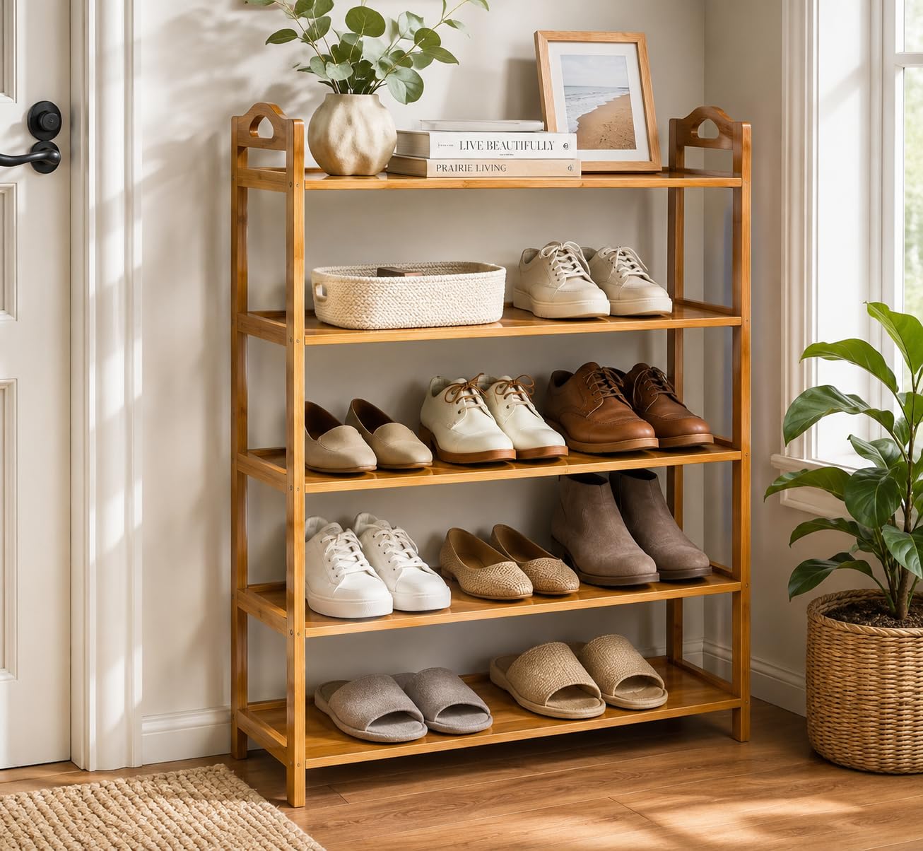STORIA 5-Tier Bamboo Wooden Shoe Rack for Home, Multipurpose Adjustable Storage Organizer Stand-Entryway-Kitchen-Bedroom-Indoor Outdoor, Portable Footwear-Slippers-Chappal-Sneakers Display Shelf-image-22