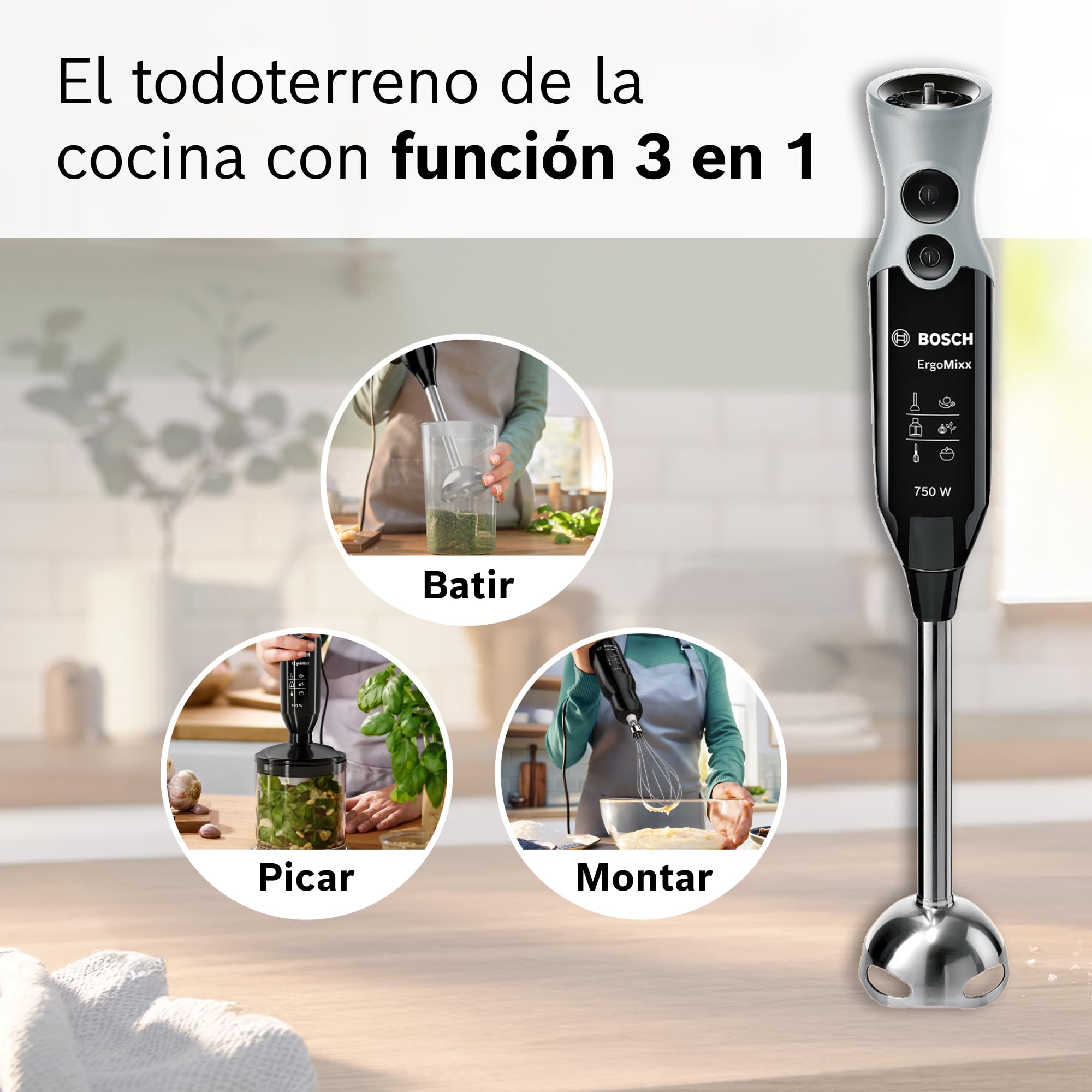 Bosch - Batidora de mano profesional, ErgoMixx, 750 W, 12+1 velocidades, QuattroBlade, Picador y vaso, Negro, MSM67160