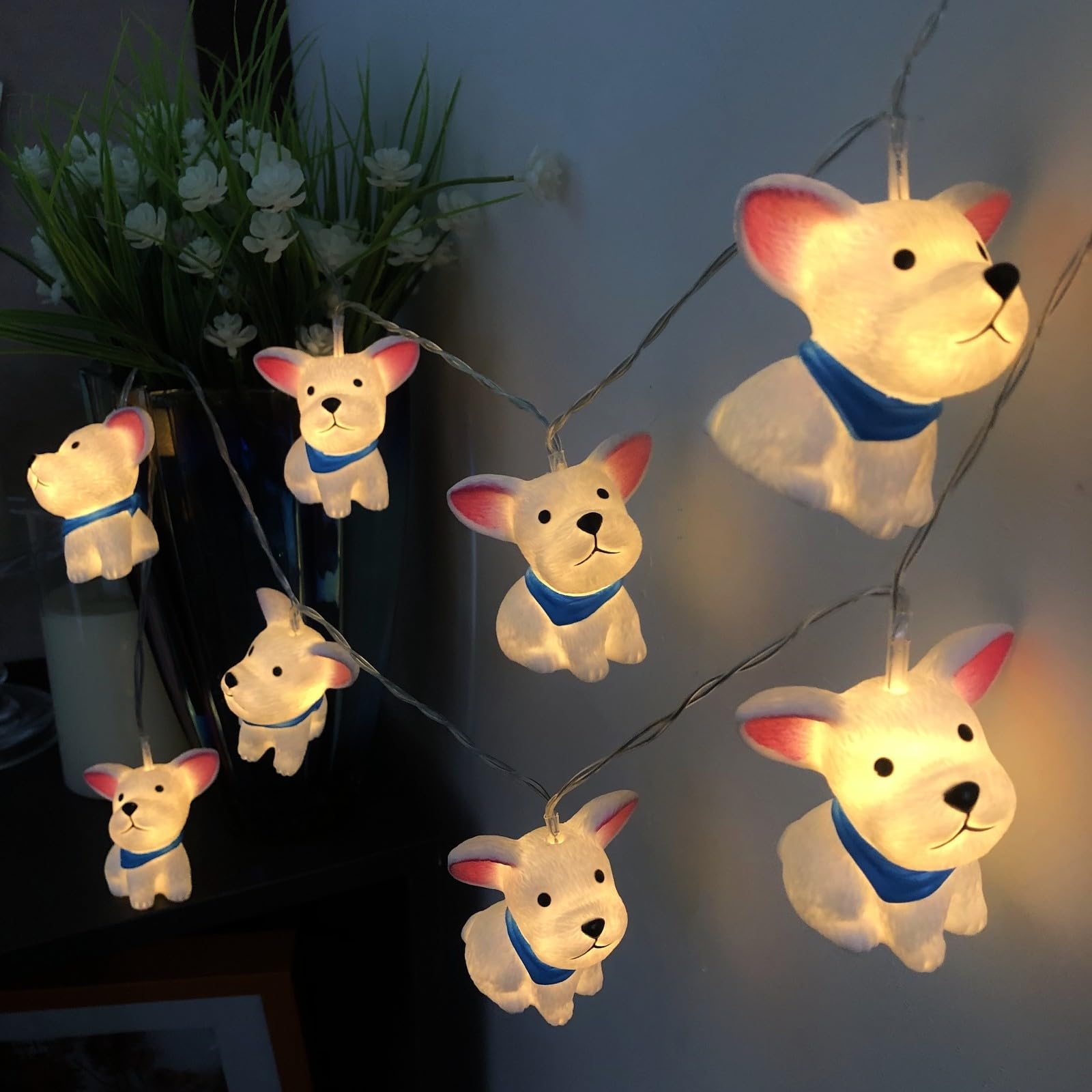 Cadena de luces de 1,65 m, funciona con pilas, con función de temporizador, 10 LED, luz nocturna, cadena de luces para niños, dormitorio, Navidad, Halloween, cumpleaños, decoración (perro