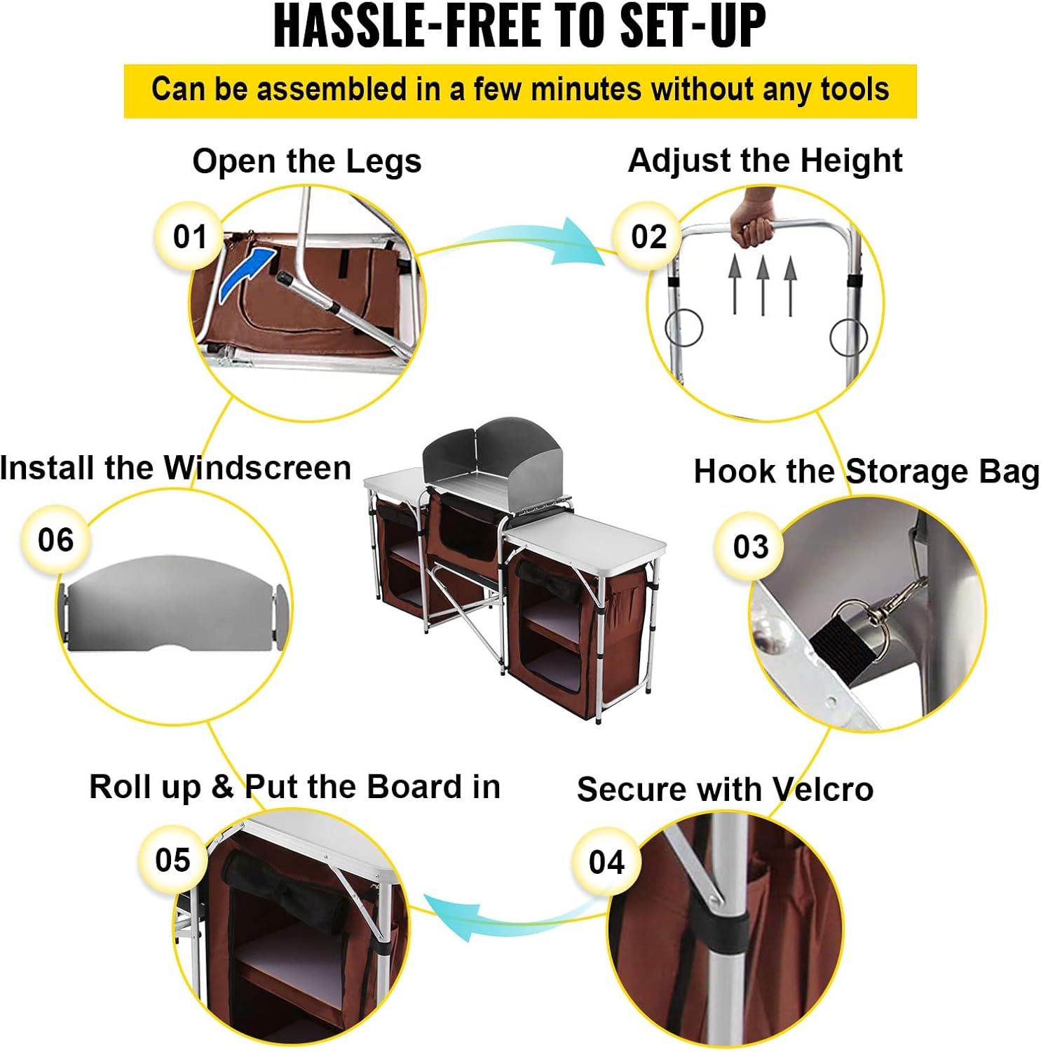 Happybuy Camping Kitchen Table, 3 Storage Organizer, Aluminum Windscreen Outdoor Folding Grill Station with 2 Side Tables, Camping Supplies and Accessories for BBQ Picnic Fishing Party Use, Brown : Patio, Lawn & Garden