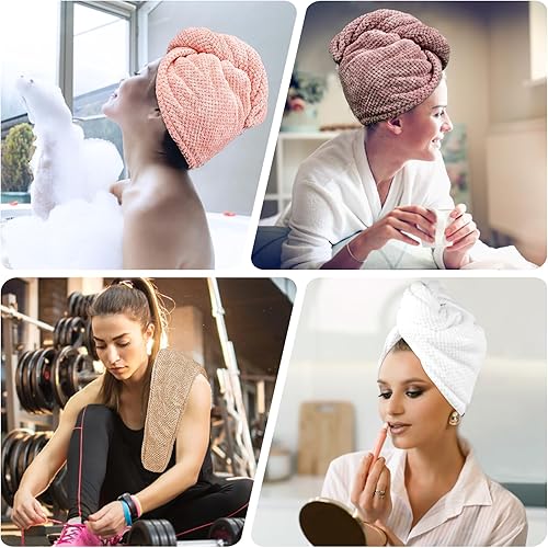 Miniatura 4 de Toalla de pelo para mujer, toalla de pelo de microfibra gruesa, toalla de secado de cabello con botón, excelente efecto de secado, grande 2 piezas