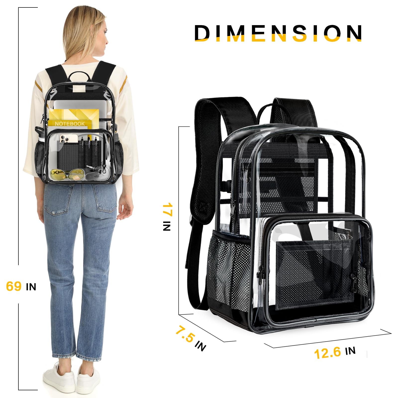 Zaino trasparente, resistente e trasparente, con fondo rinforzato, per la sicurezza del college, dei viaggi, sul posto di lavoro, Nero, L, Casual