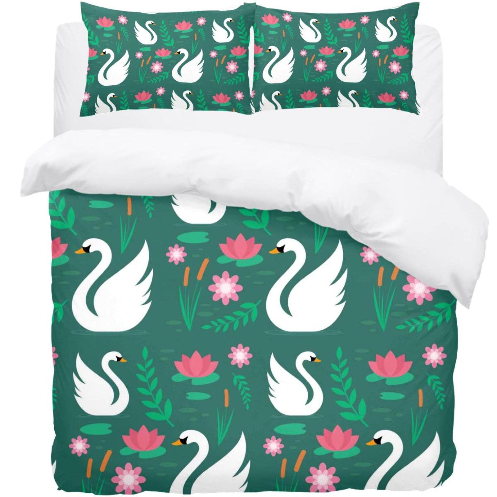 Housse de couette cygnes 3 pièces lit simple parure de lit taie d'oreiller
