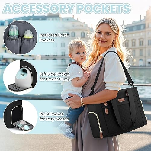 Miniatura 6 de Bolsa de pañales para mamá que trabaja, bolsa de pañales de viaje grande para mamá y papá con funda para laptop de 14 pulgadas, bolsa de maternidad