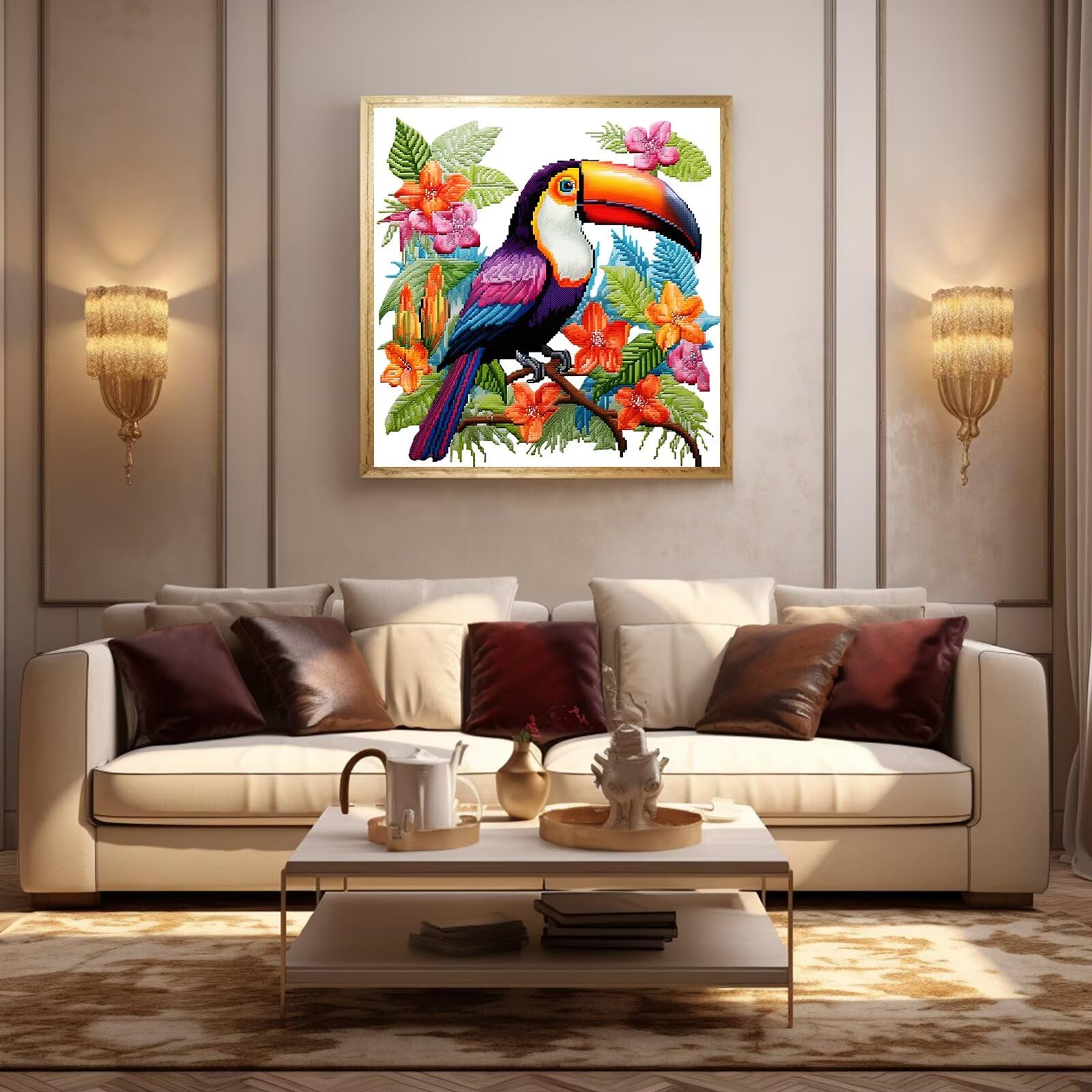 Kit Point De Croix Compté 11ct Toucan Animaux – Canevas Pré-imprimé 30×30 Cm – Kit Complet Débutant Adulte Avec Fils & Aiguilles – Loisirs Créatifs Moderne