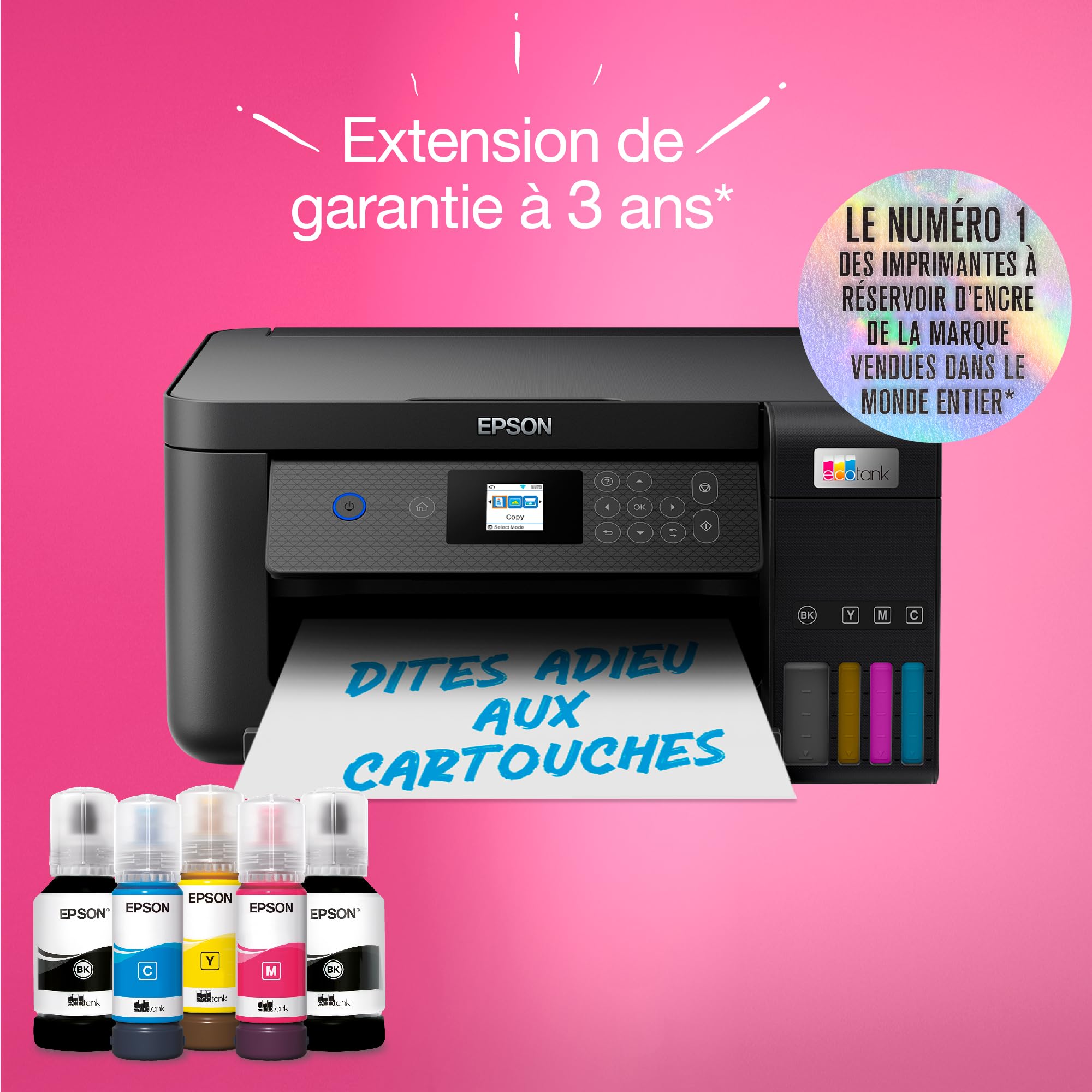 Epson Imprimante EcoTank ET-2851 avec réservoirs, Multifonction 3-en-1: Imprimante recto verso / Scanner / Copieur, A4, Jet d'encre couleur, Wifi Direct, Ecran, Faible coût par page, Compact