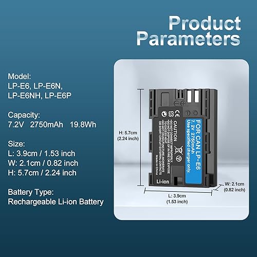 Miniatura 4 de Paquete de 2 baterías de alta capacidad LP-E6LP-E6NLP-E6NH de 2750 mAh para Canon EOS R Series (R,R5,R5 Mark II,R5C,R6,R6II,R7), Serie 5D