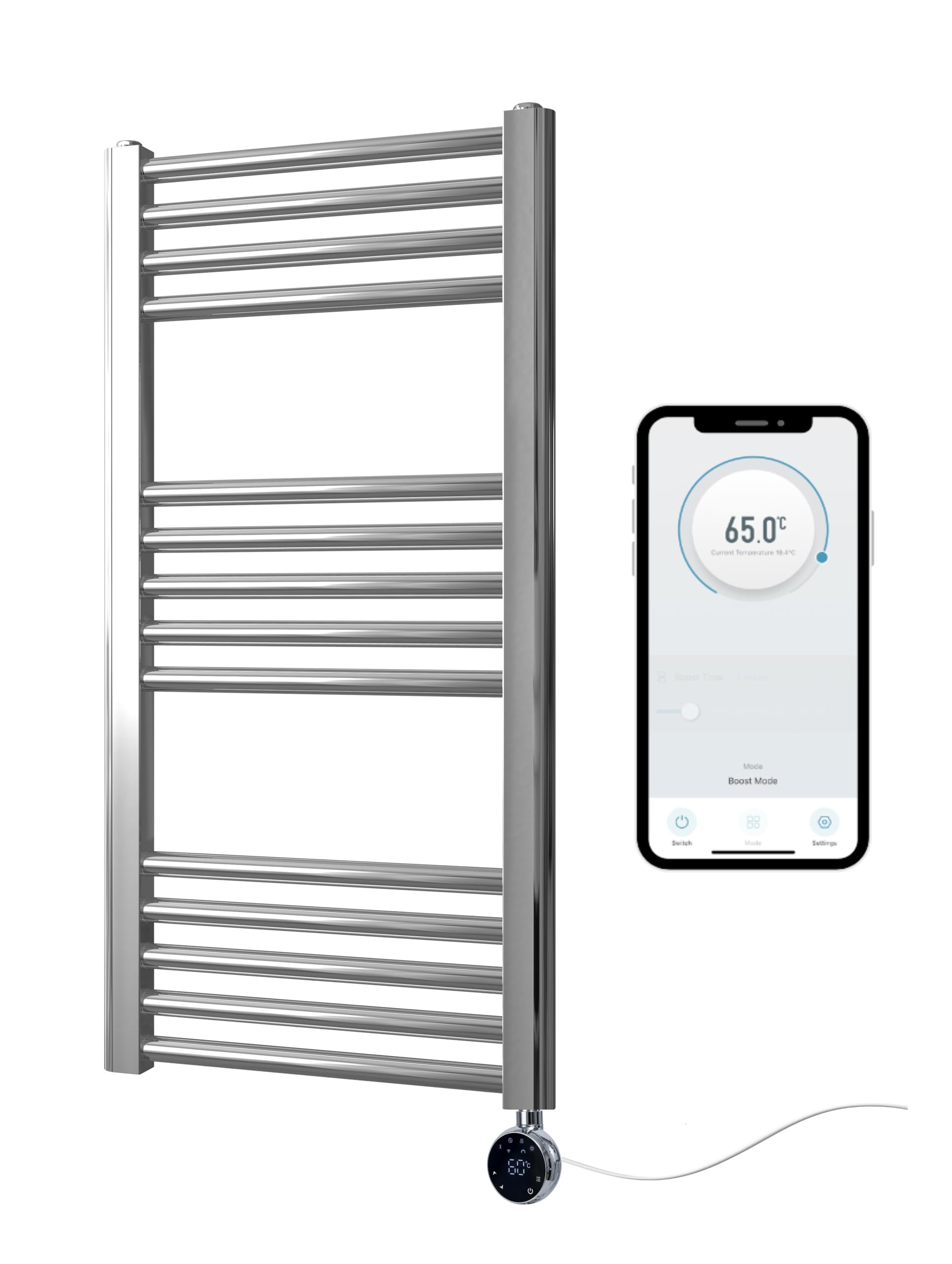 Greened House Chrome Electric Wifi Heated Towel Rail 400Mm W X 800Mm H