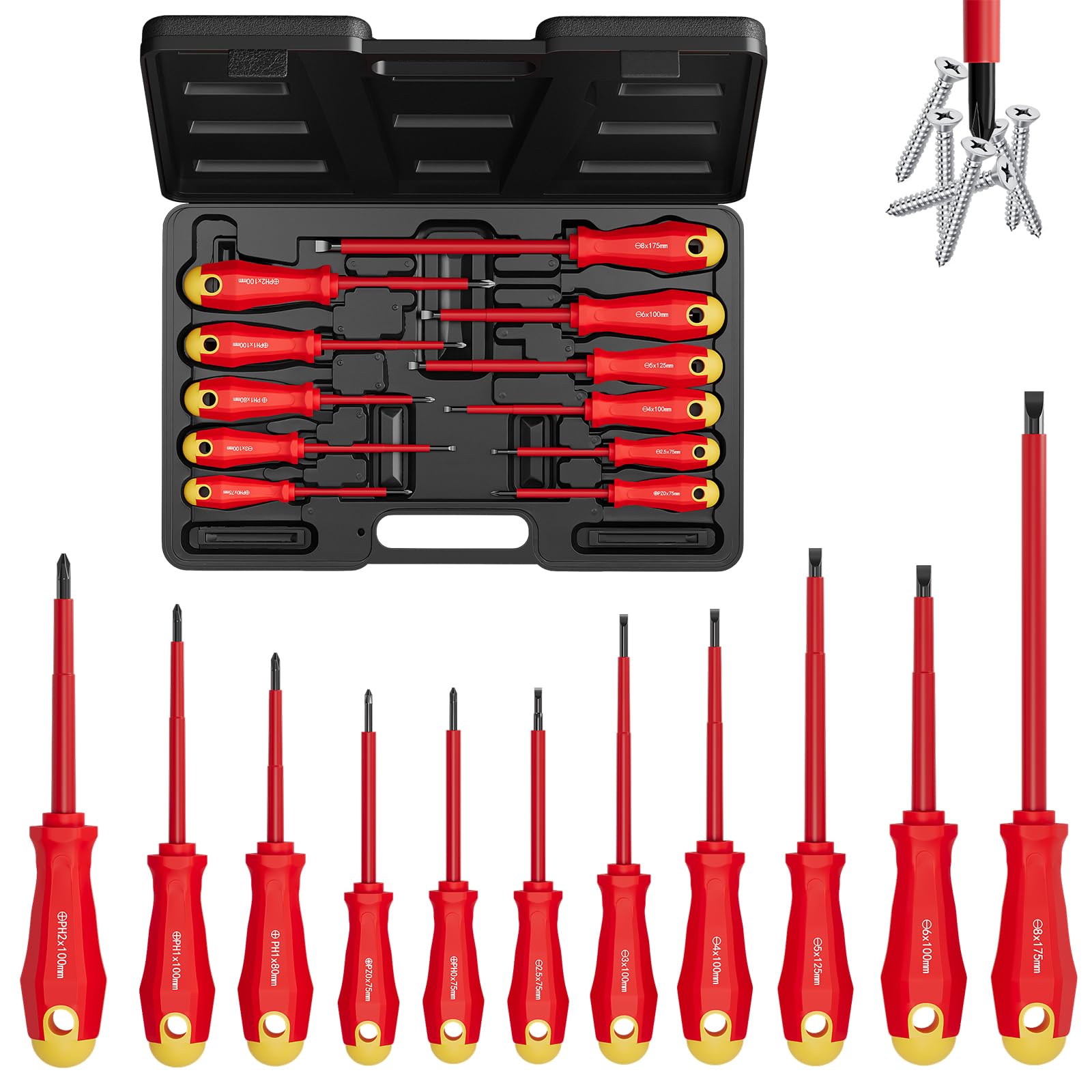 WALTER STAHL - Set di cacciaviti magnetici isolati, 11 pezzi | In acciaio Cr-V, 5 fessure, 5 Phillips, 1 Pozidriv per elettricisti e riparazioni domestiche