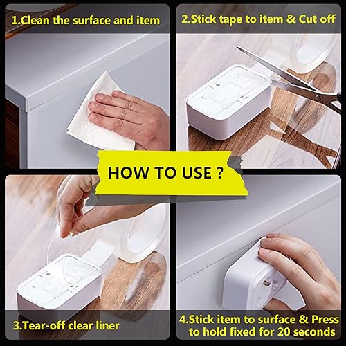 Miniatura 5 de Cinta de doble cara de 1.18 x 200 pulgadas, cinta de montaje transparente, nano extraíble, adhesivo resistente para alfombras, fotos, pósteres,