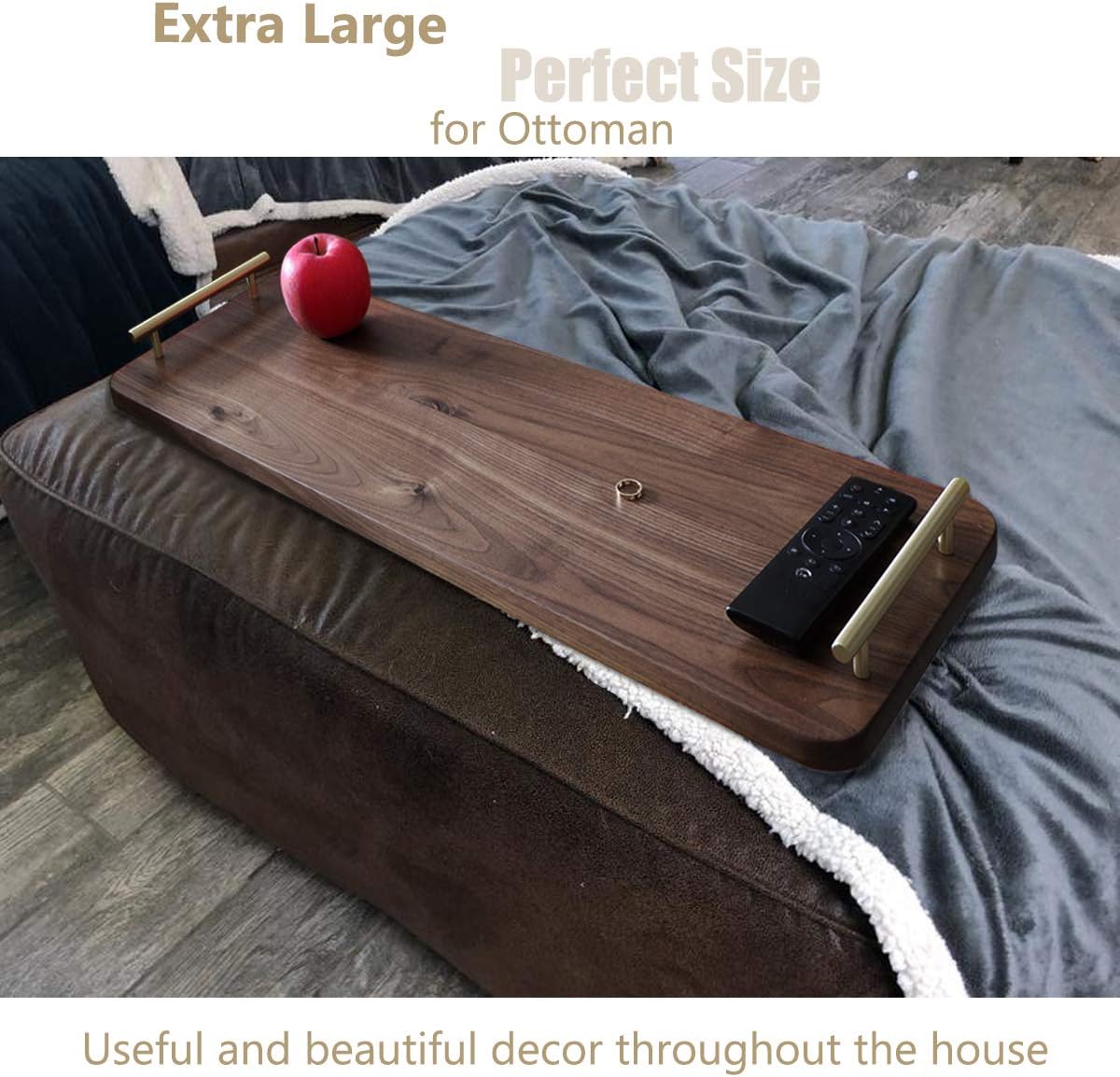 Buy 1 get 1 🔥 MAGIGO 28 x 10 Inches Extra Long Large Walnut Wood Ottoman Plank Tray with Pure Copper Handles, Serve Tea, Coffee or Breakfast in Bed, Classic Wooden Decorative Serving Tray