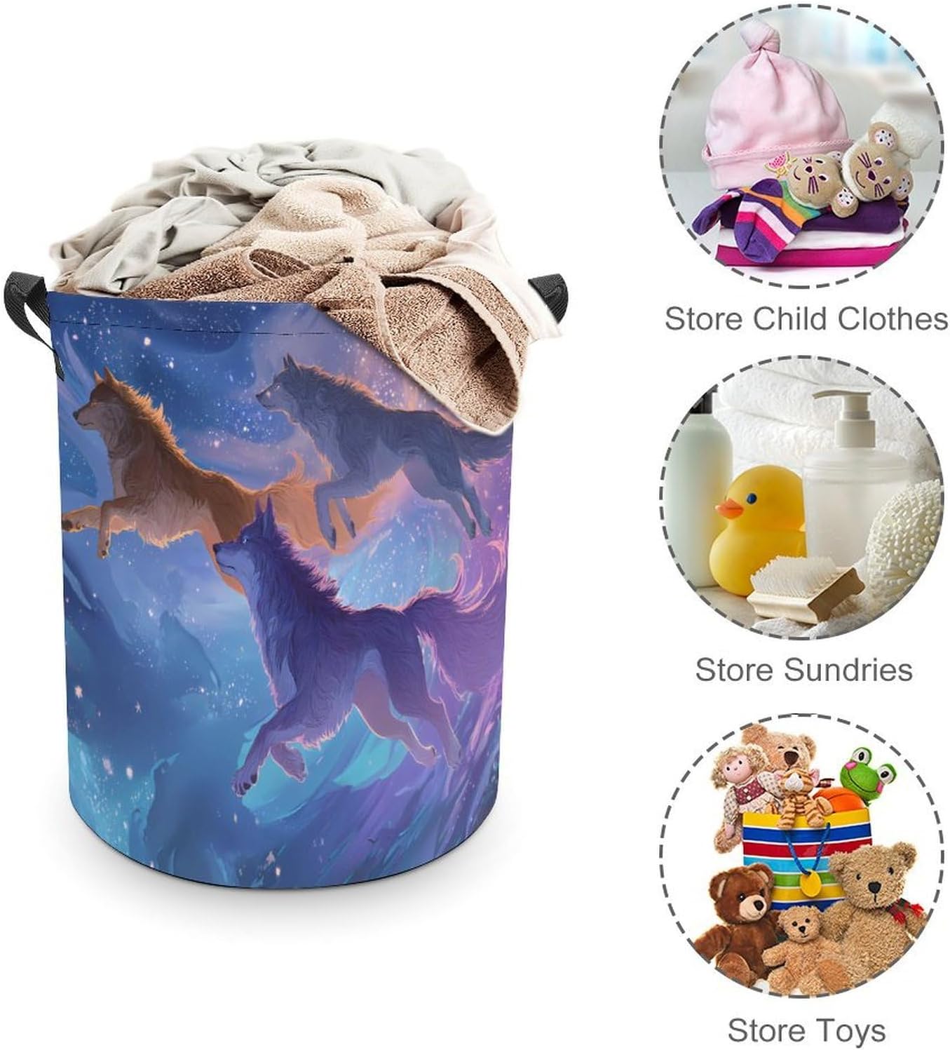 Fantasy Wolves Leaping Galaxys Laundry Hamper Basket for Home Bathroom | clothes storage,handle,large capacity,oxford