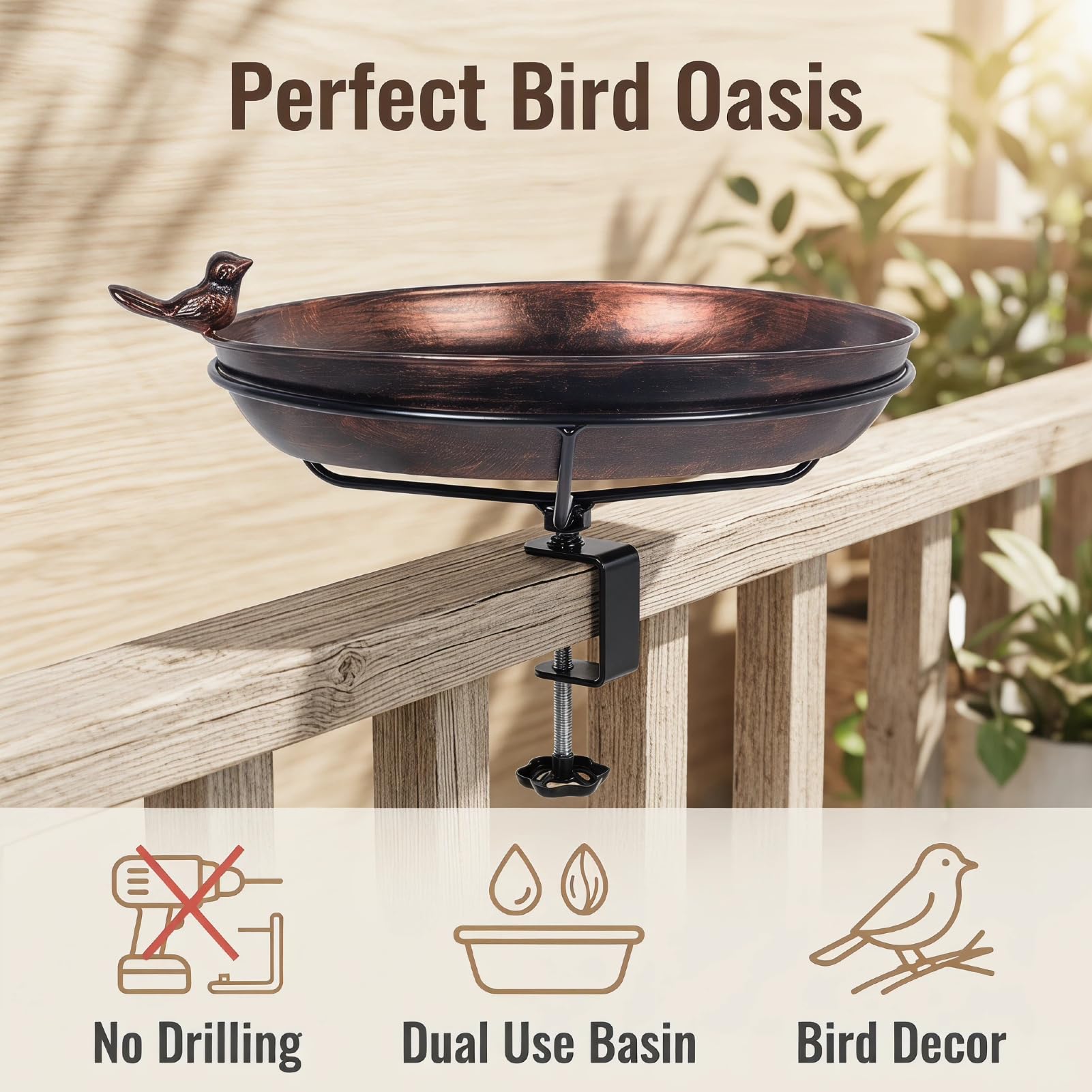 Bain Oiseaux Exterieur – Rond, en Fer avec revêtement Anti-Rouille, Support réglable sans perçage, Convient pour Balcon, Jardin et terrasse, Ø 30,5 cm, Profondeur 5 cm (Marron foncé)