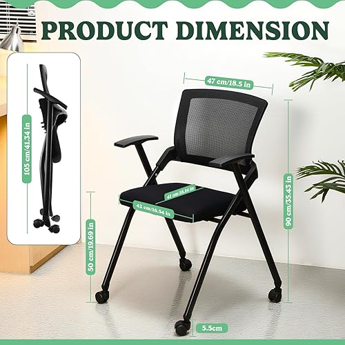 Miniatura 3 de Silla de oficina plegable de 4 piezas con ruedas de poliuretano, soporte lumbar, reposabrazos, asiento de malla transpirable gruesa apilable para