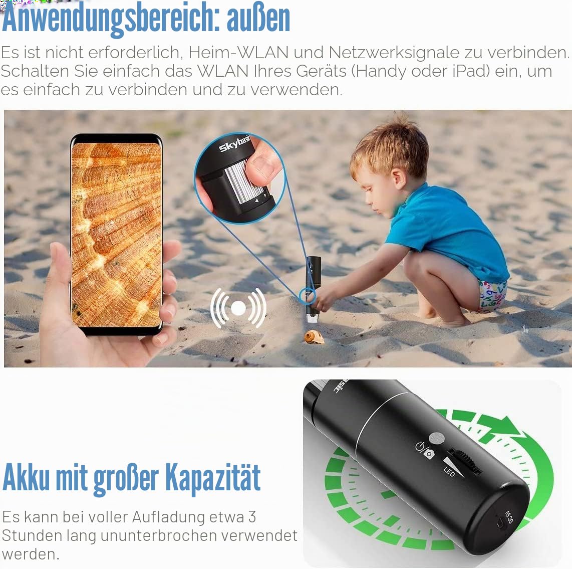 Skybasic Digitales Mikroskop 50X-1000X WiFi 2.0 MP 8 LED Handgehalten